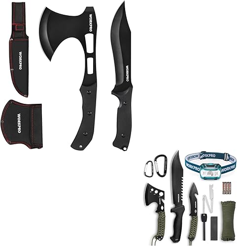 WORKPRO Juego combinado de cuchillo de caza y hacha de hacha  Cuchillo táctico de hoja fija de espiga completa y hacha de camping  Cuchillo de