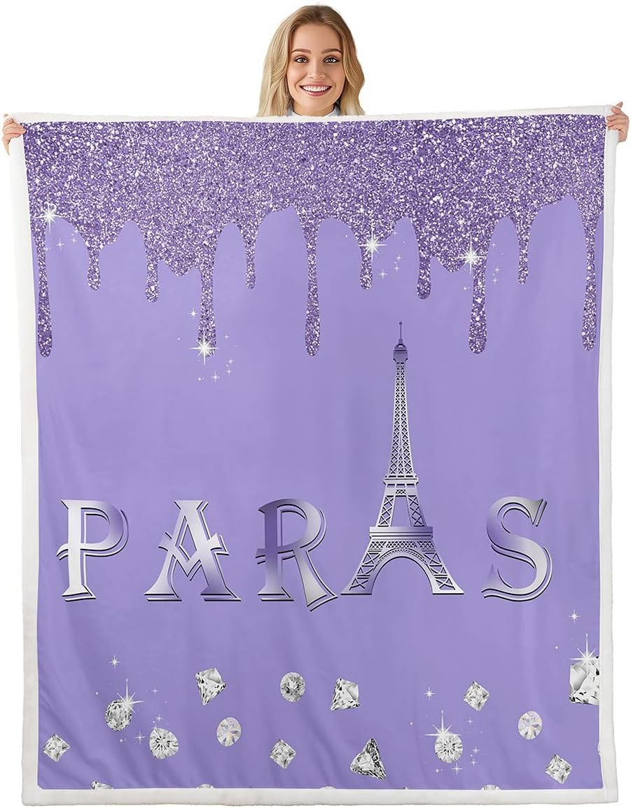 Castle Fairy Romantic French Street Blanket Queen 90x90 Eiffel Tower Blanket for Boys Girls Glittering Starry Moon Sky Sherpa Blanket Paris Building Bed Blanket Sofa Bed Couch Decor