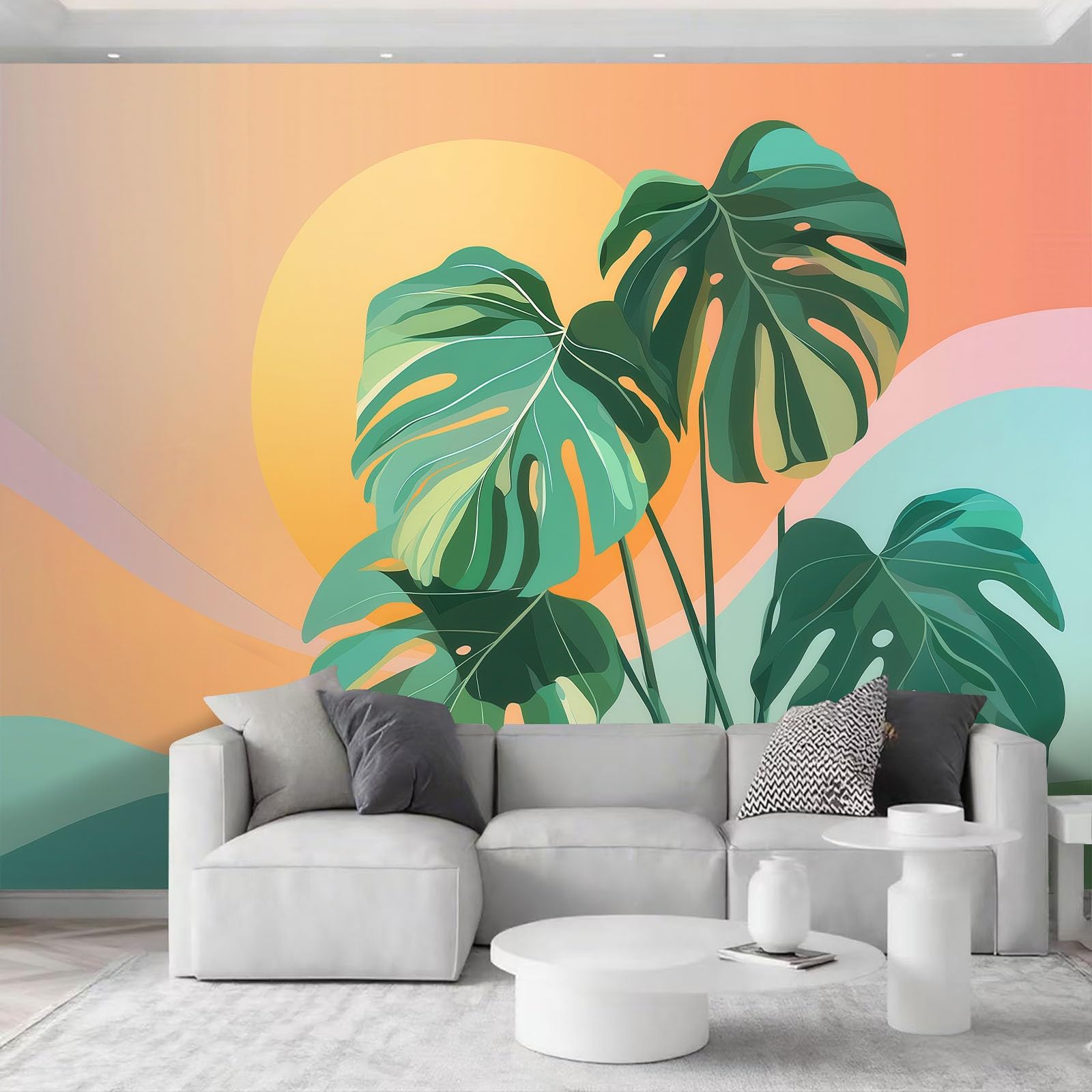 Tapeta 3D, zachód słońca, roślina, liście monstery, 250 x 175 cm, mural ścienny, do minimalizmu, salonu, mieszkania, biura, włókniny, fototapeta, funkcja premium, fototapeta ścienna