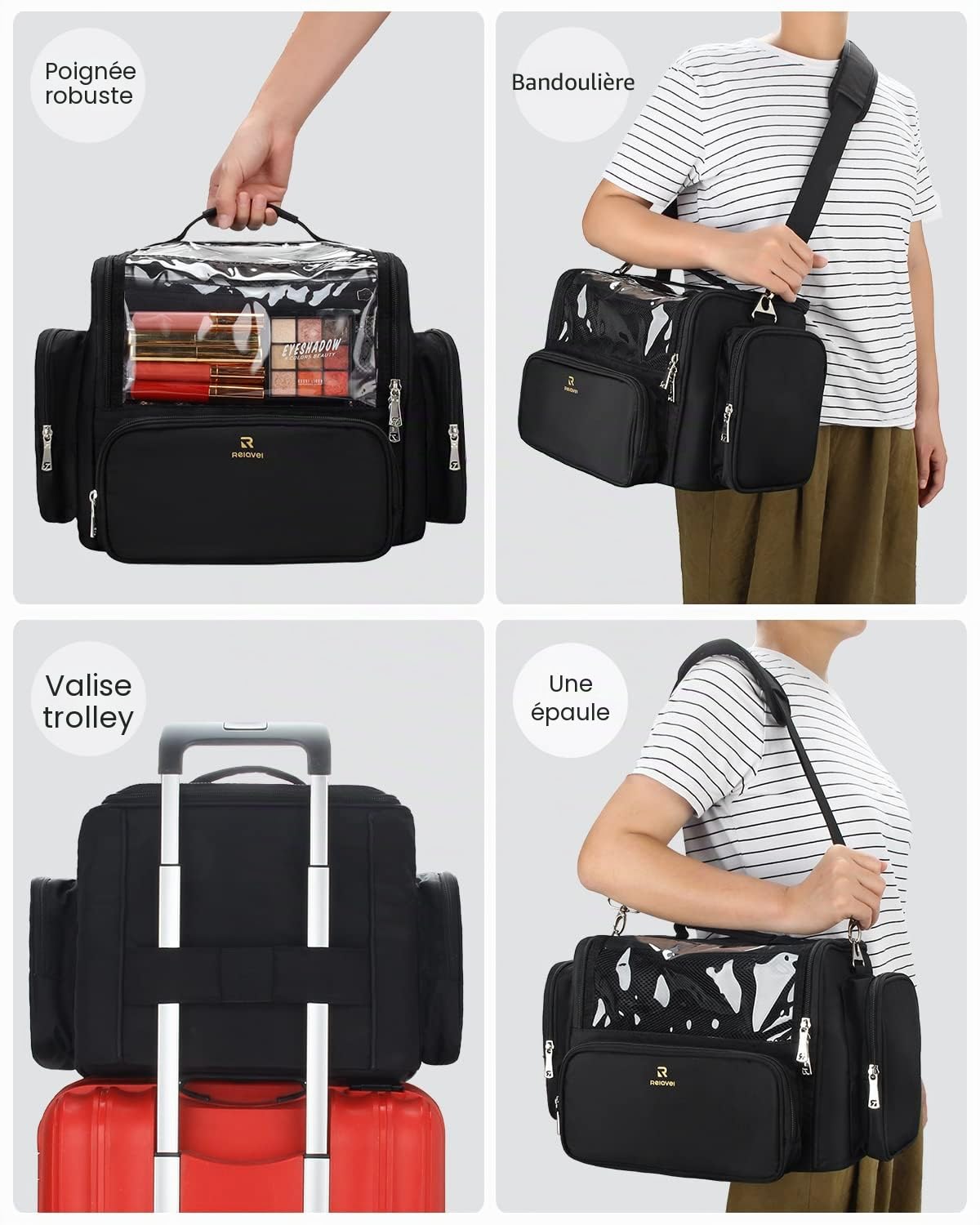 Trousse pour pinceaux de maquillage Relavel noire,Grande capacité,Organisateurs de maquillage et rangement avec séparateurs réglables, XXL, Trousse professionnelle pour pinceaux de maquillage