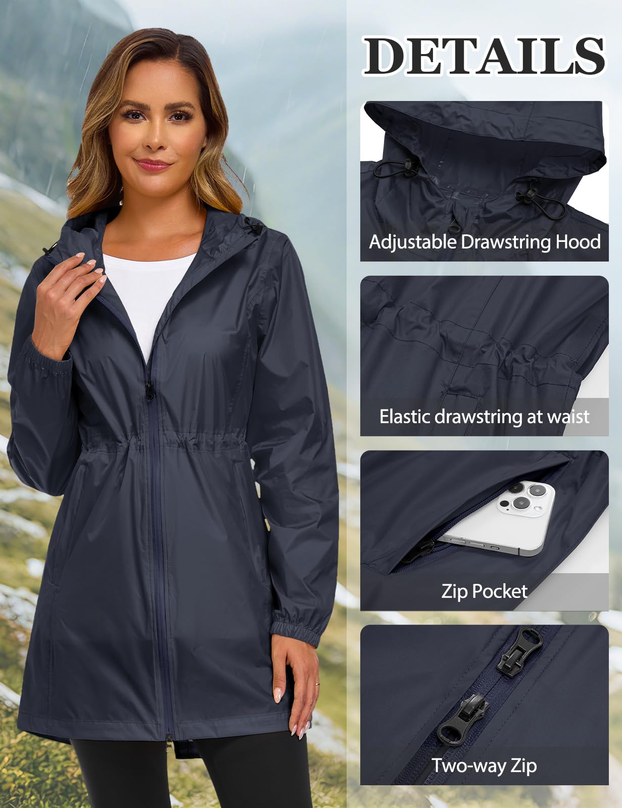 Vancavoo Veste Imperméable Femme Chic Long Manteau de Pluie Coupe Vent avec Capuche Poncho avec Poche