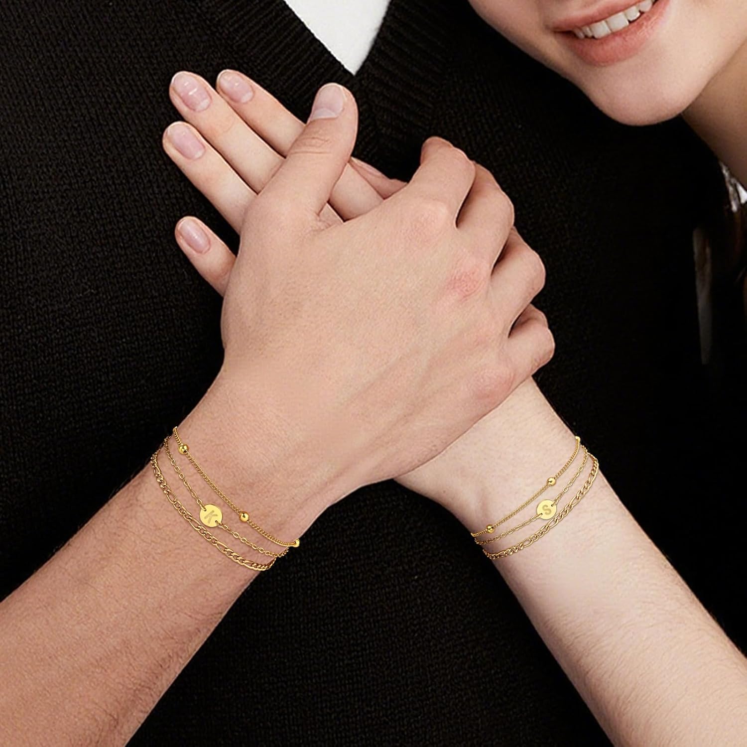 Valentines Day Gifts - 18K Gold Plated Initial Bracelets for Women - Stainless Steel Layered Letter Charm Bracelet A to Z - Gold Jewelry Christmas Birthday Gifts - Image 6