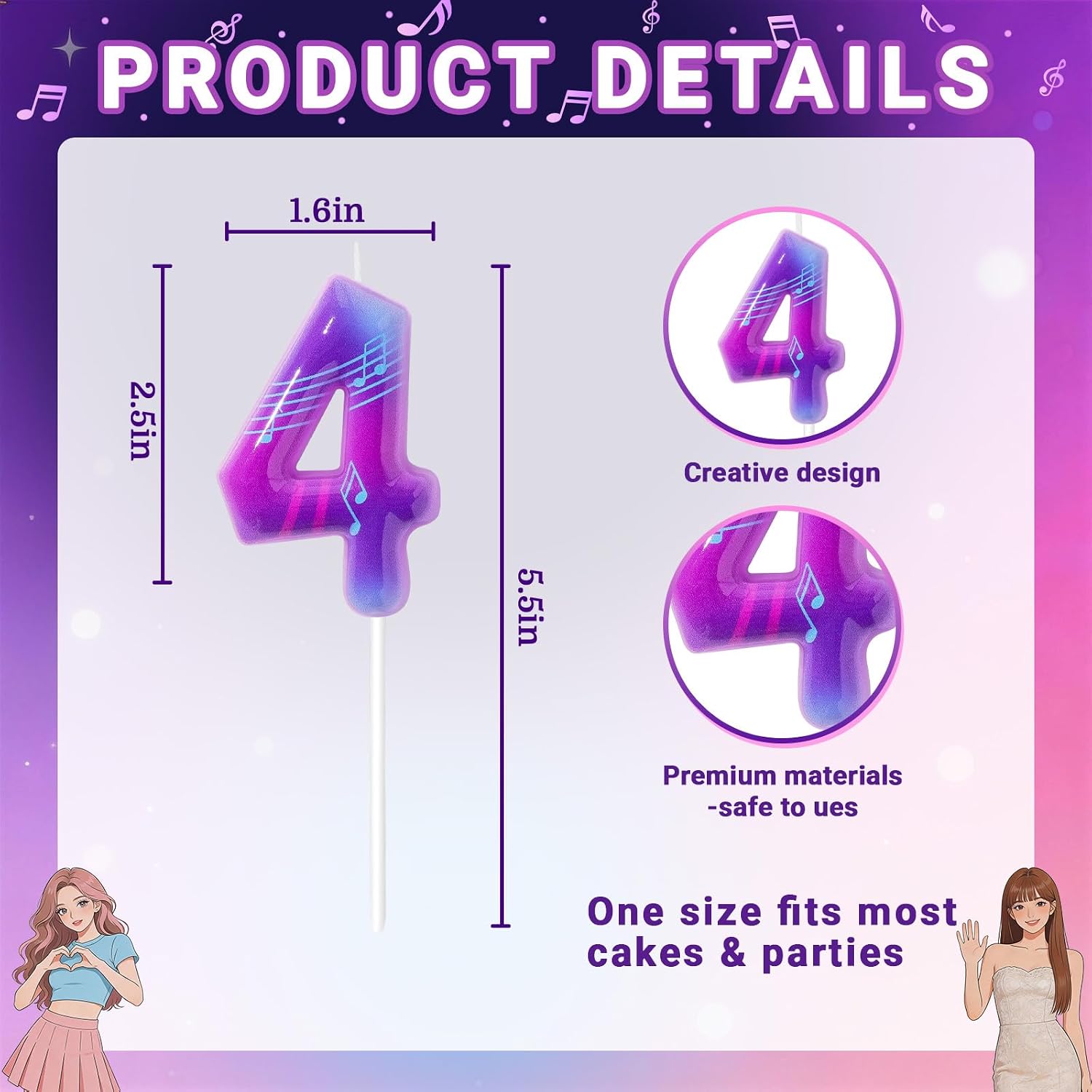 K-Pop Themed Birthday Candles, Number Candles for Birthday Party Cake Decoration Supplies (Purple, Number 4)