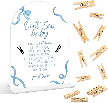 Baby Shower Games - Blue Bow Dont Say Baby Clothespin Game, 1 Sign and 50 Mini Clothespins, Gender Reveal Game, Blue Baby Shower Decoration Supplies ARI02