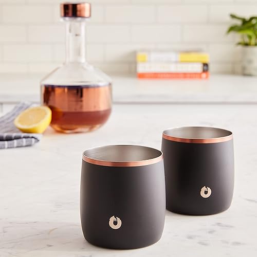 Miniatura 10 de SNOWFOX Vasos de acero inoxidable con aislamiento al vacío de alta calidad, juego de 2, estilo antiguo, vasos de whisky, vasos de bola baja,