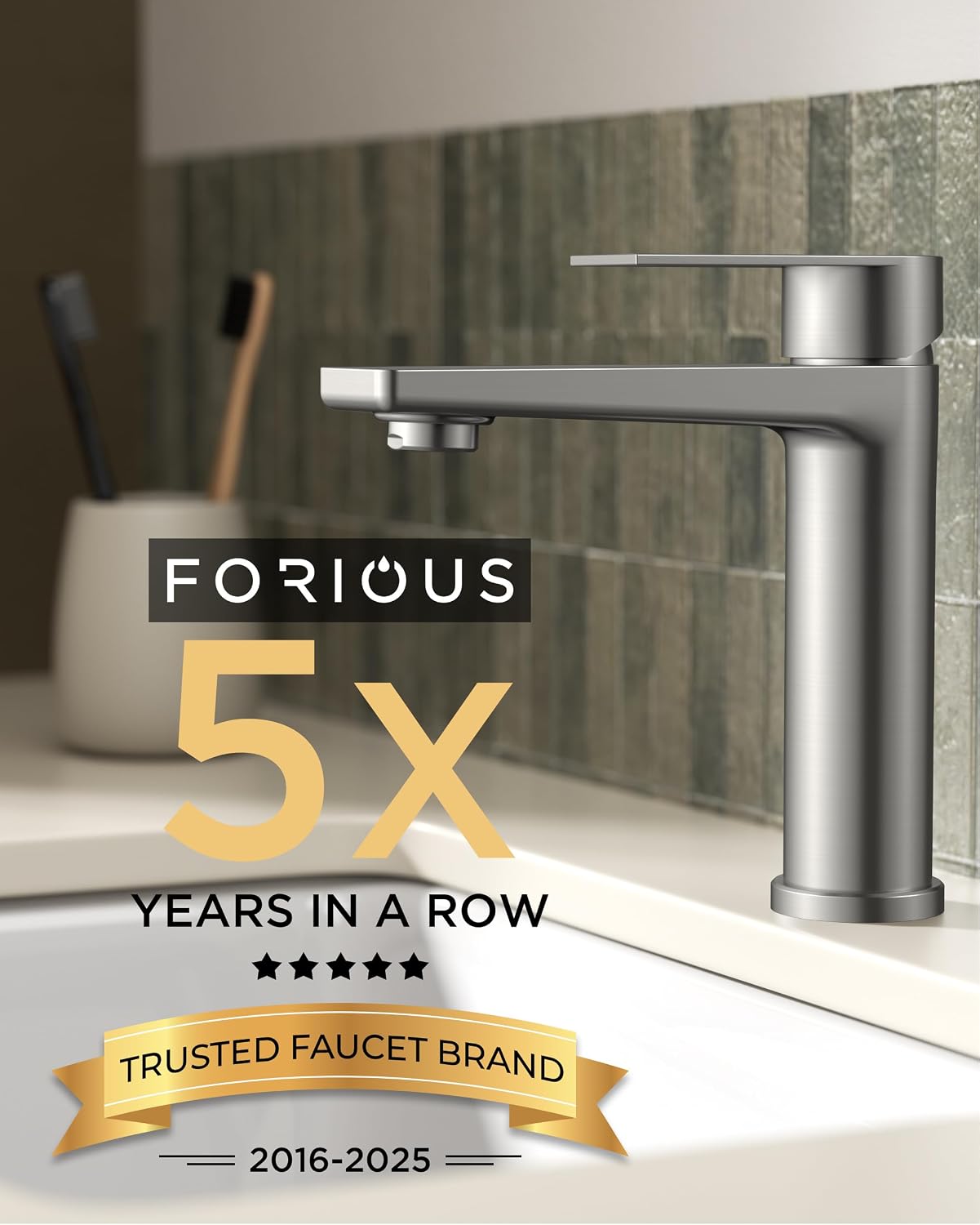 FORIOUS Brushed Nickel Bathroom Faucet 1 Hole, Single Handle Single Hole Bathroom Faucet Brushed Nickel with Deck Plate and Pop Up Drain, CUPC Hoses for One Handle Vanity Sink, Rv, Camper, Farmhouse