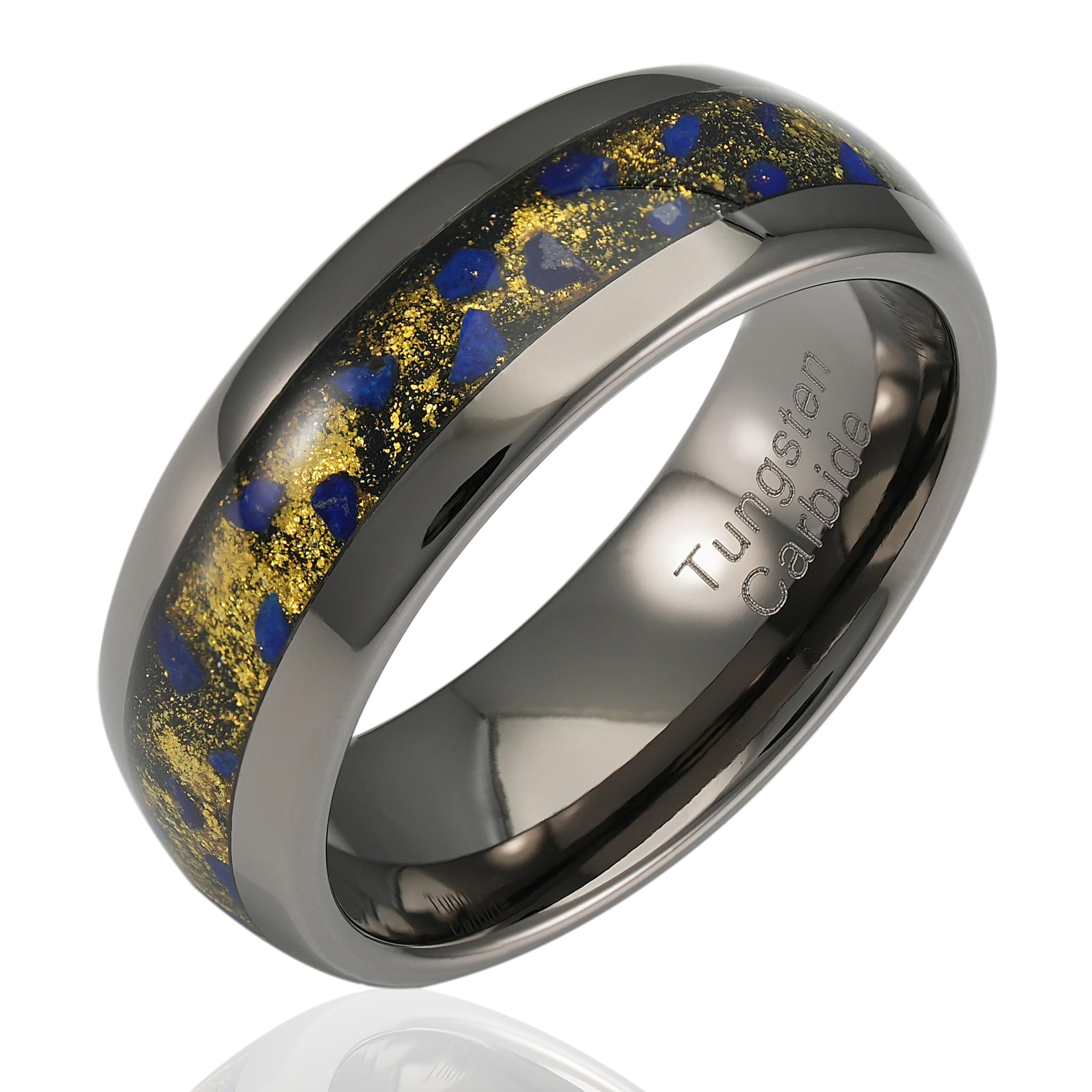 100S JEWELRY Engraved Personalized Gunmetal Lapis Lazuli Inlay Tungsten Rings For Men Wedding Promise Band Size 6-16