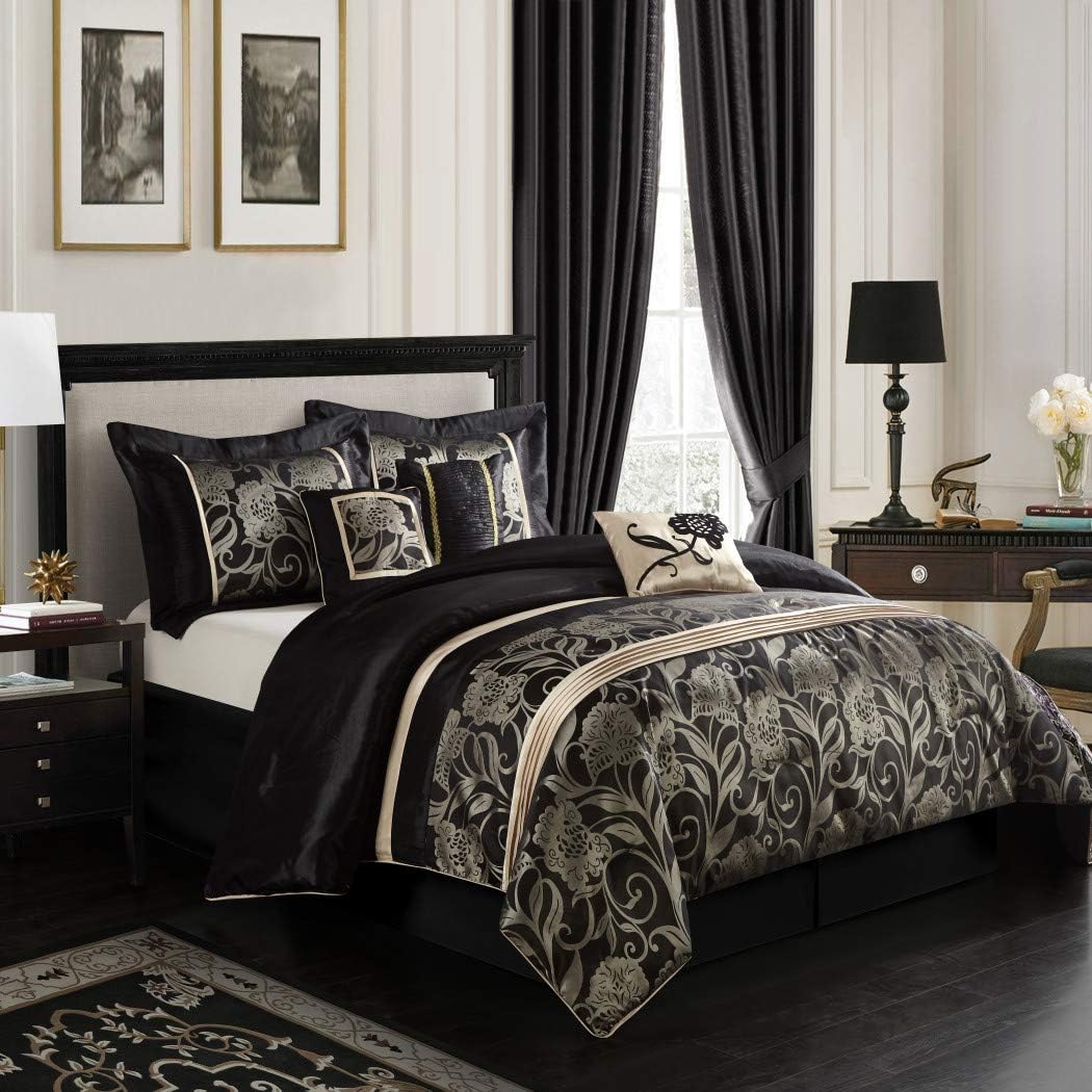 OTS 7 Piece Black Grey Gold Floral Motif Pattern Comforter Full Set, for Luxury Moder Bedrooms, Stylish High-Class Damask Flowers Stripe Design, French Country Style, Vibrant Bold Colors, for Unisex
