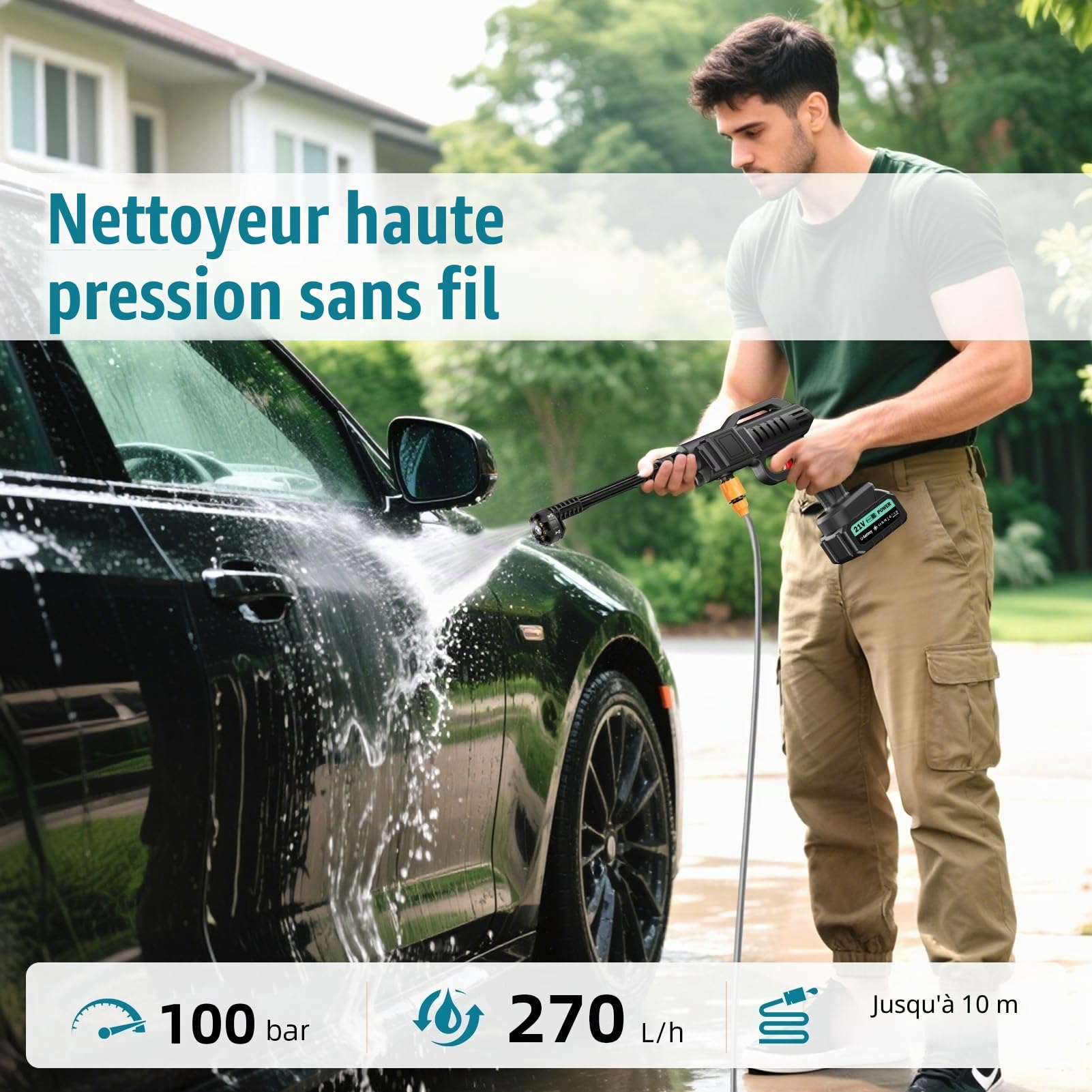 Nettoyeur Haute Pression sans Fil 100 Bar 270 l/h Portable avec 2 Batteries de 3000 mAh pour Voiture et Terrasse | Pistolet de Lavage Mobile 6 en 1 Buse Réglable Tuyau de 5m