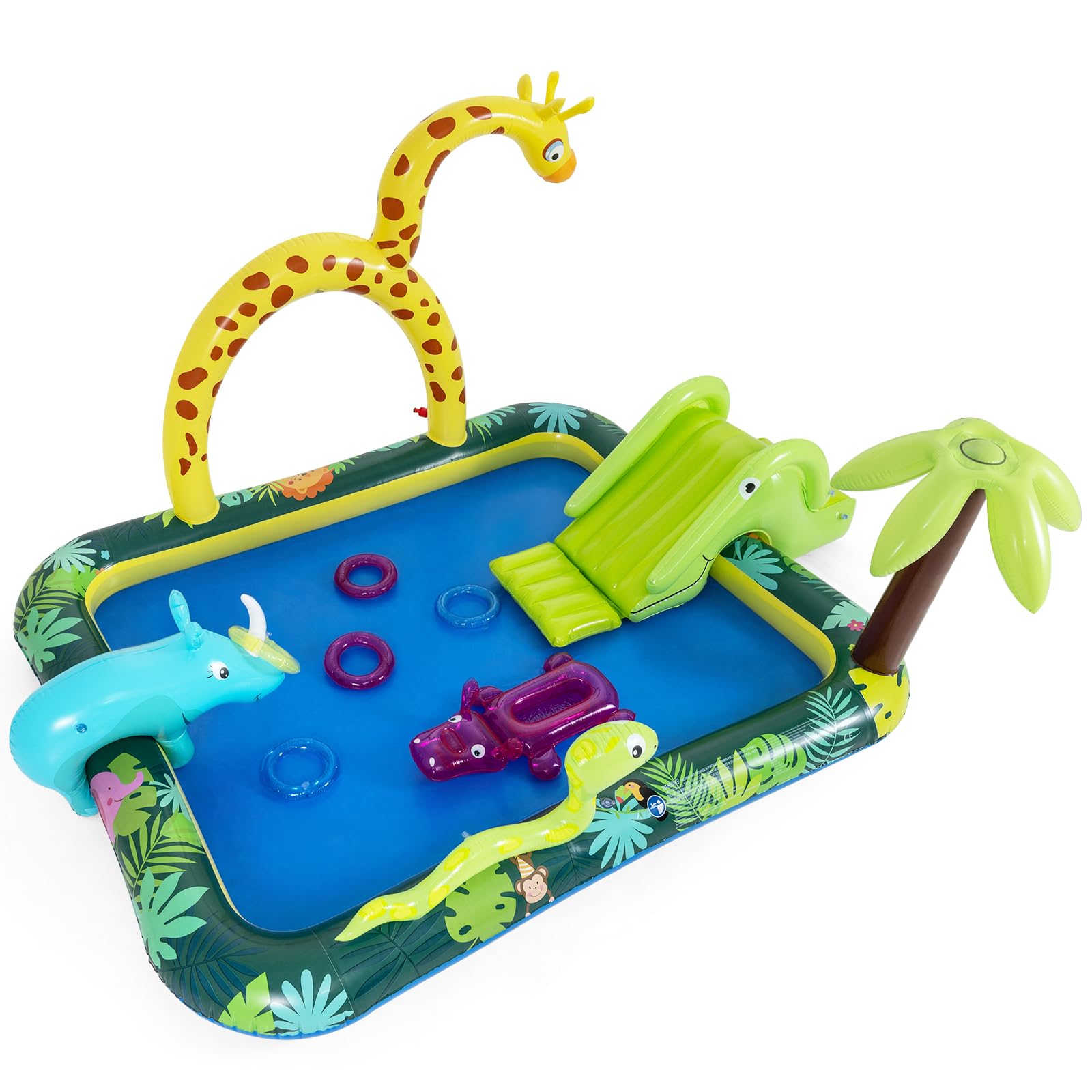 COSTWAY Piscina Hinchable Infantil con Tobogán, Rociador Jirafa y Lanzamiento Aros, 208x178x138 cm