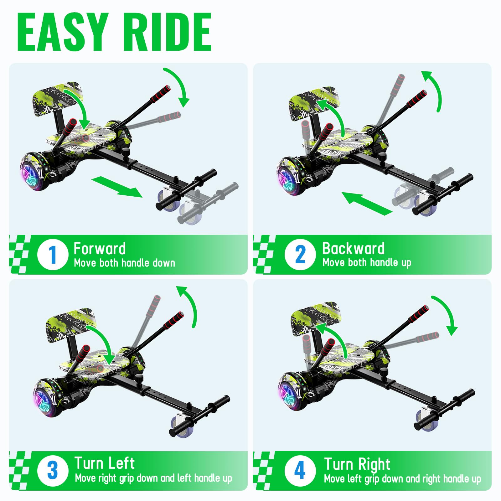 SISIGAD Hoverboard, Scooter Sitzbefestigung Combo mit Bluetooth Corlorful LED Lights, einstellbare Rahmenlänge für Kinder