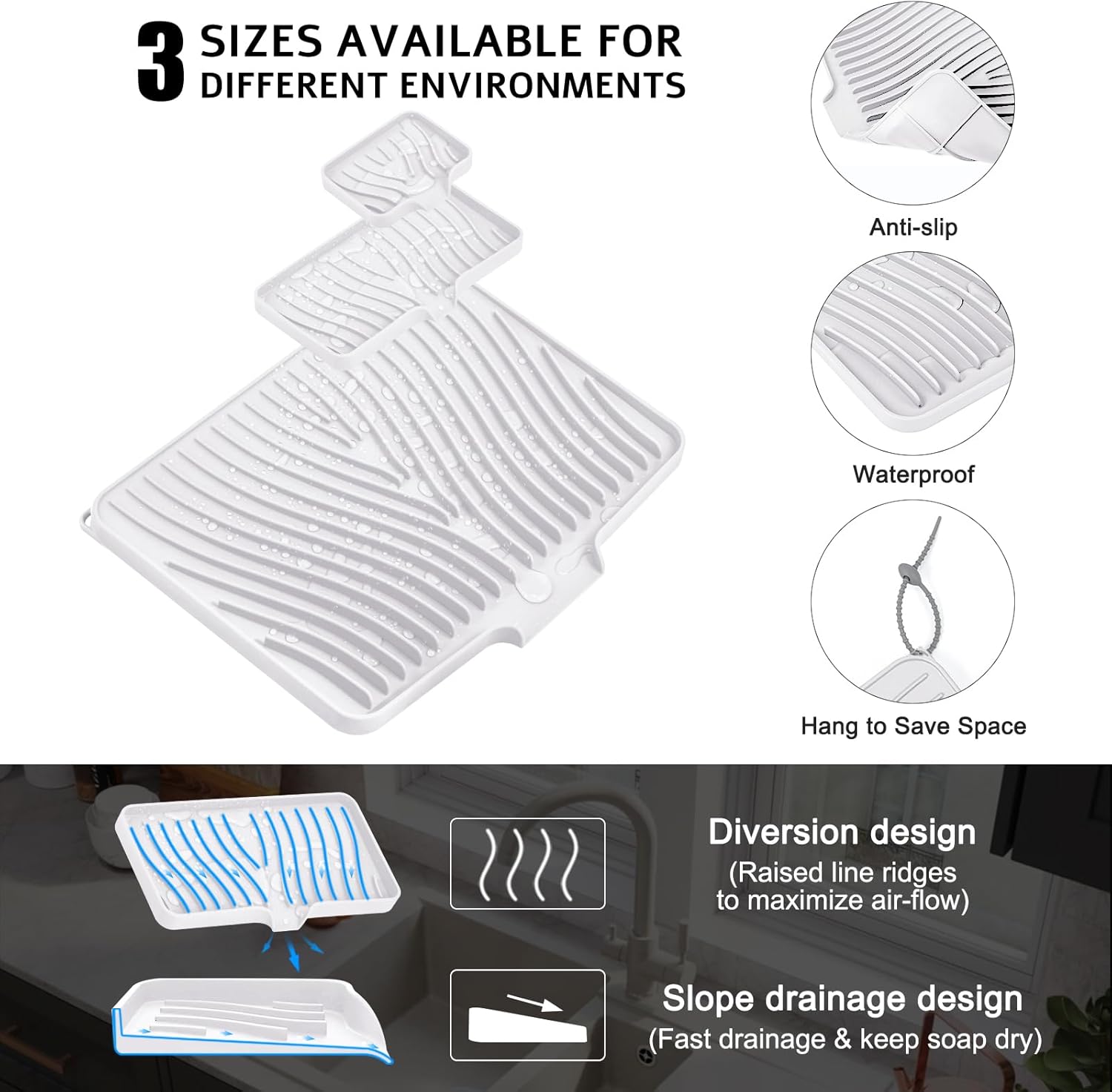 Silicone Dish Drying Mat for Kitchen Counter, Dish Drying Pad, Hangable Non-Slip Drain Pad with Built-in Drain, Heat Resistant Stone Drying Mat, White-1Set, 20" x 15"