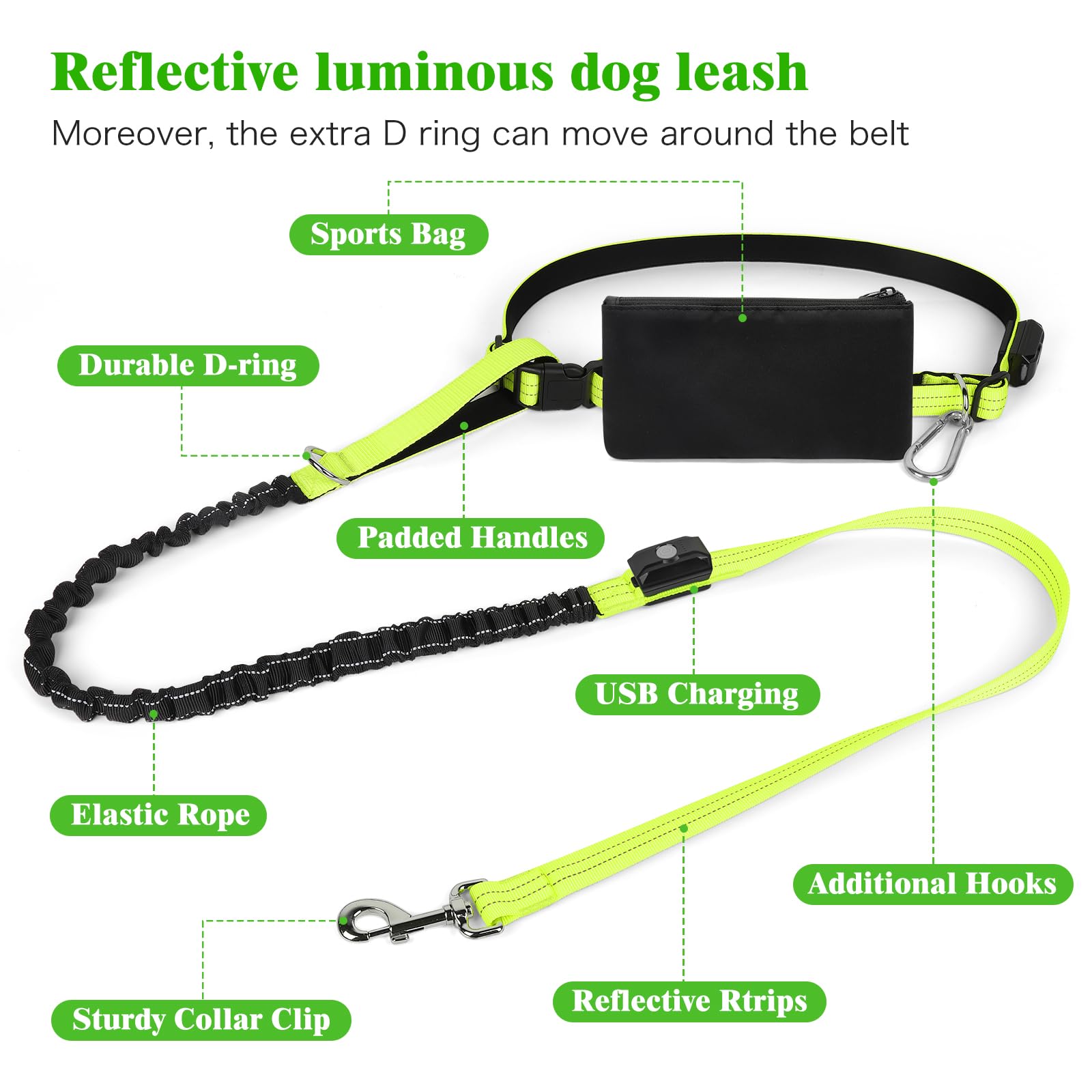 LED-Hundeleine, freihändige Hundeleine, Taillenleine für Spaziergänge, einziehbare Bungee-Hundeleine, handlose LED-Leine, reflektierende Laufleine für Joggen, Training, Wandern