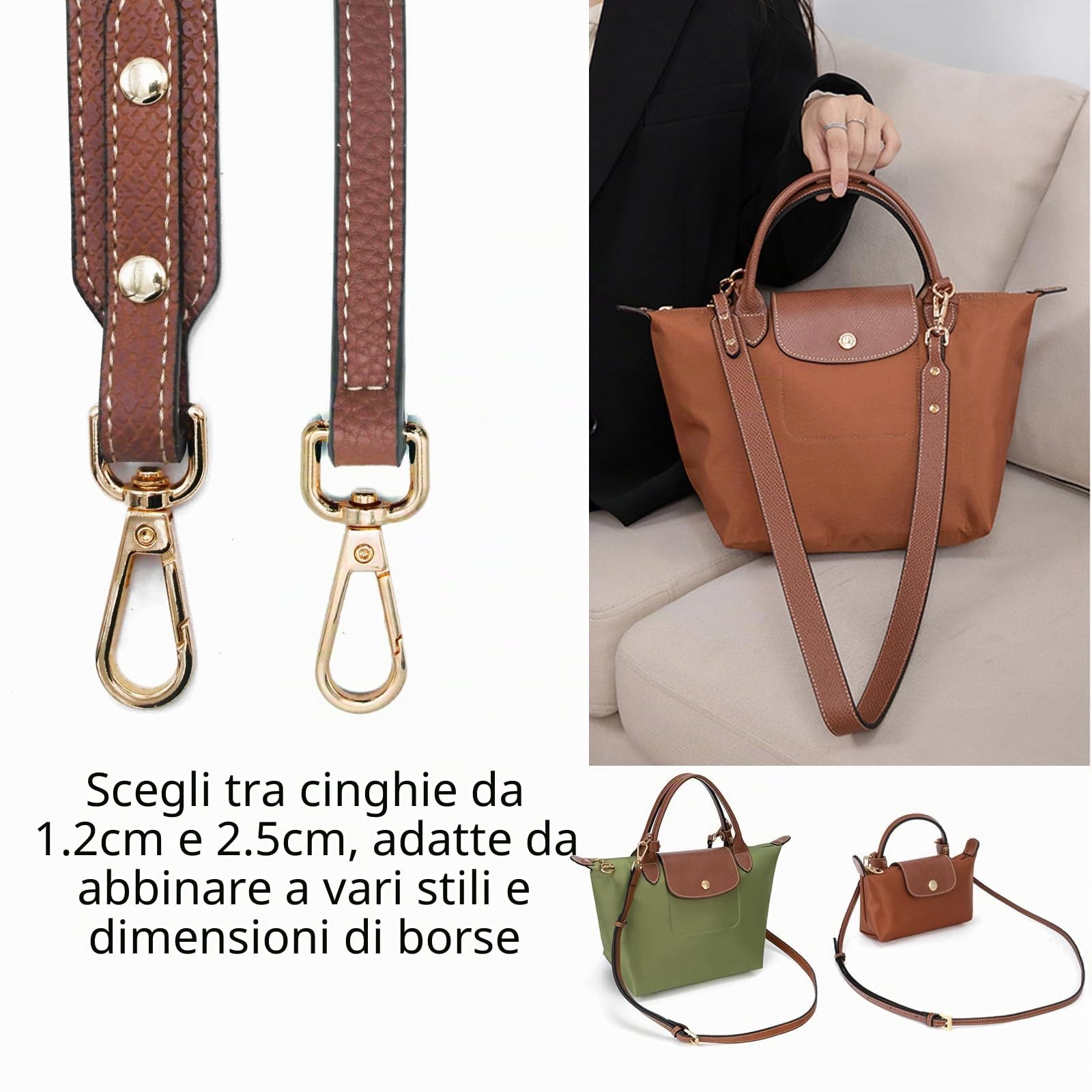 Tracolla Per Borsa Longchamp in PU Leahter Cinturino Donna Cinghia Tracolla Catena Regolabile Cintura Cinghie Spalla Accessori brown gold 2.5cm