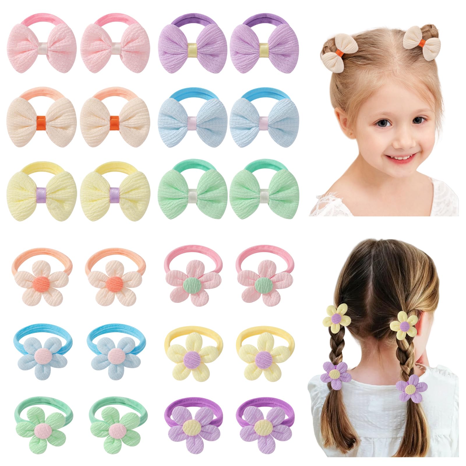 24 Pcs 2" Baby Hair Bobbles Toddler Hair Accessories Candy Colors Baby Hair Tie Cute Bows and Flowers Elastic Scrunchies
