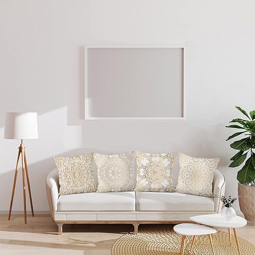 Miniatura 2 de Baocicco 4 fundas de almohada de lino con mandala doradas, 18 x 18 pulgadas, diseño de loto, redondo, multicírculo, retro, noble, cuadrada, de lujo,