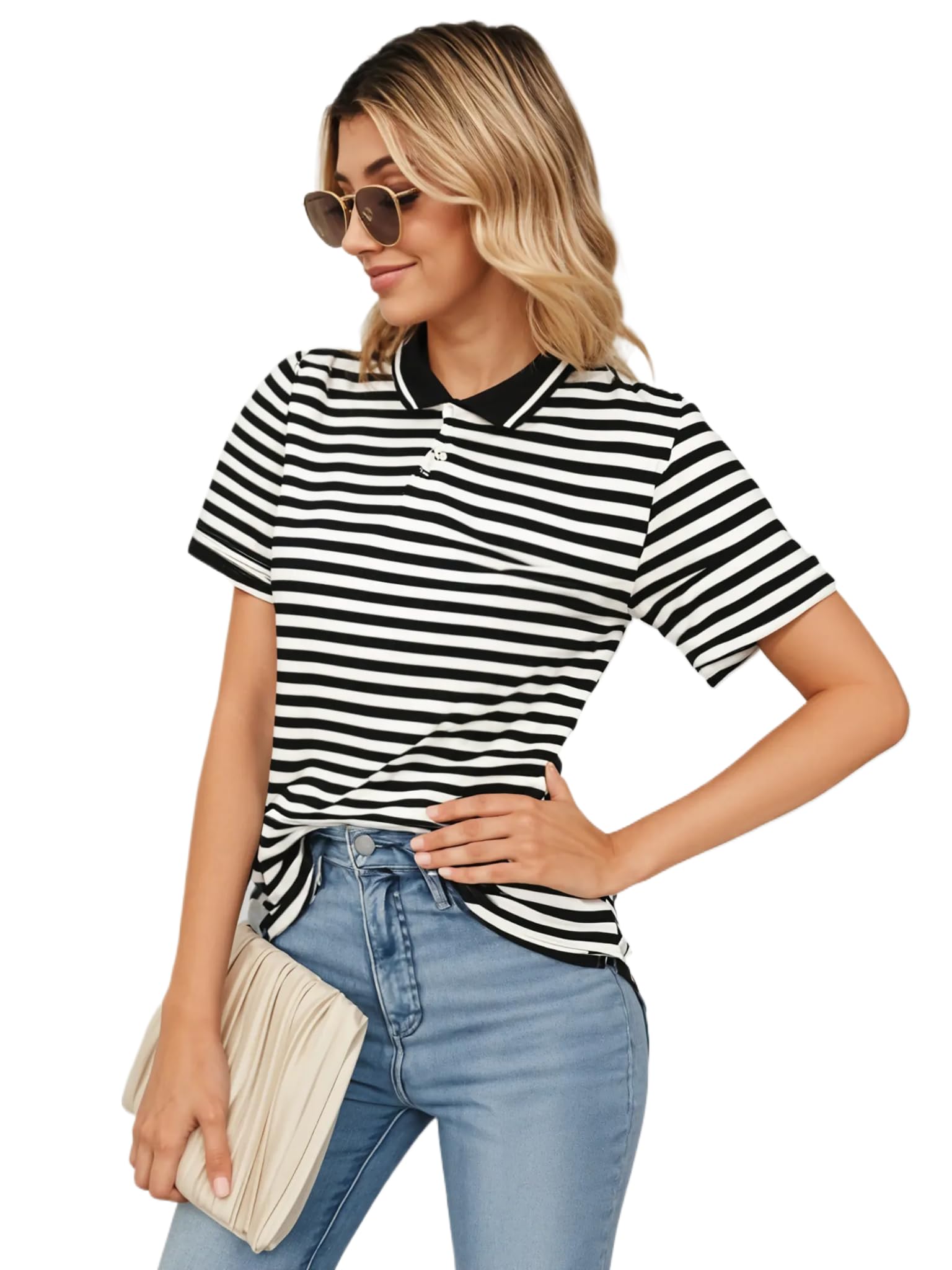 Women's Striped Cotton Rich Polo T Shirt | Collar Tshirts | Half Sleeves | Stripe-Regular Fit-MACK640589