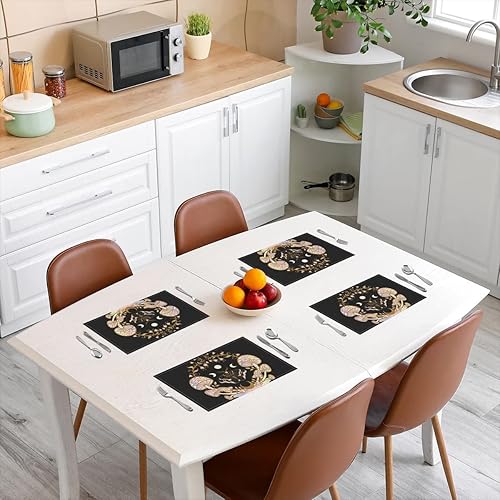 Miniatura 3 de Juego de 4 manteles individuales bohemios con diseño de calavera de azúcar y sol y luna, impermeables, para decoración de mesa de cocina, comedor,