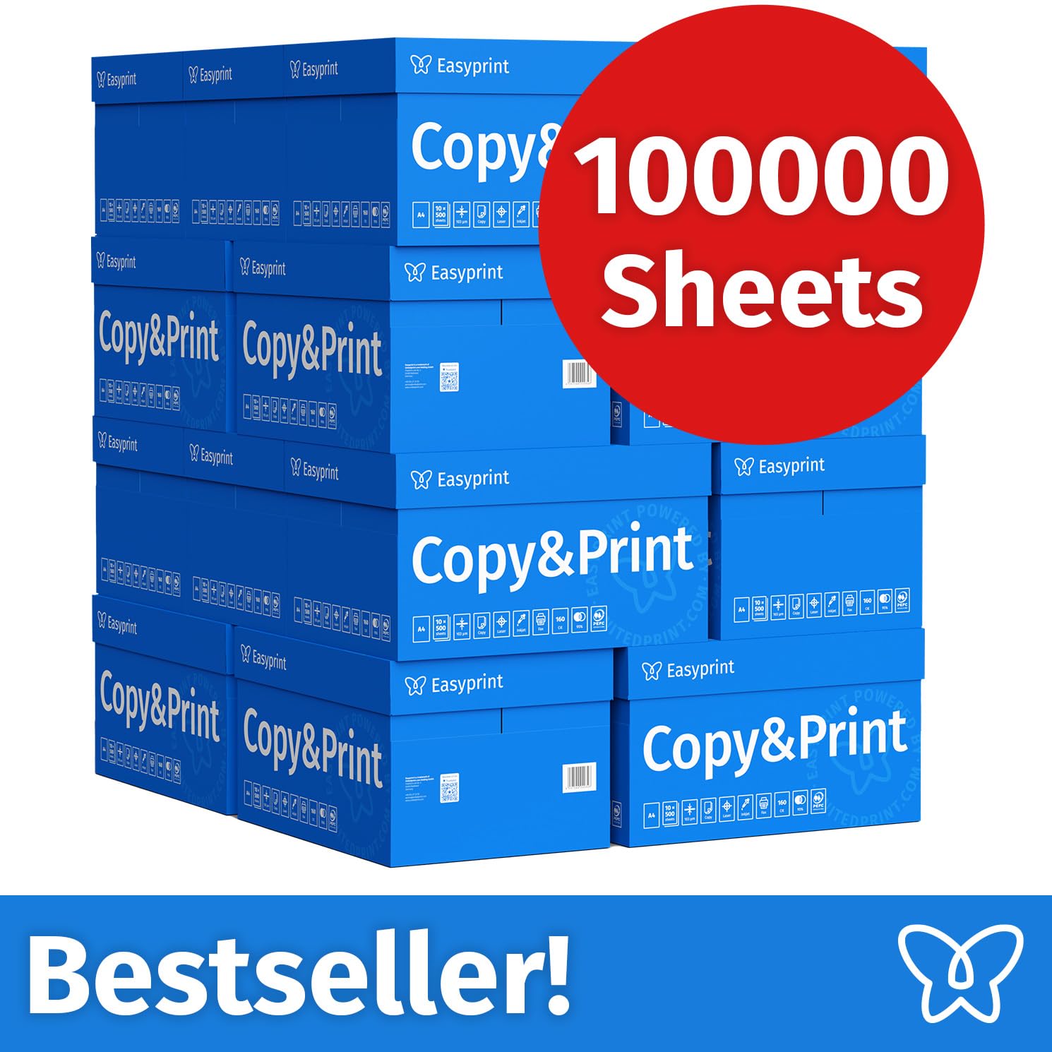 Easyprint Papel multiusos para impresora, Folios A4, 100.000 Hojas, 20 Paquetes de 5.000, Color blanco brillante CIE 160, PEFC