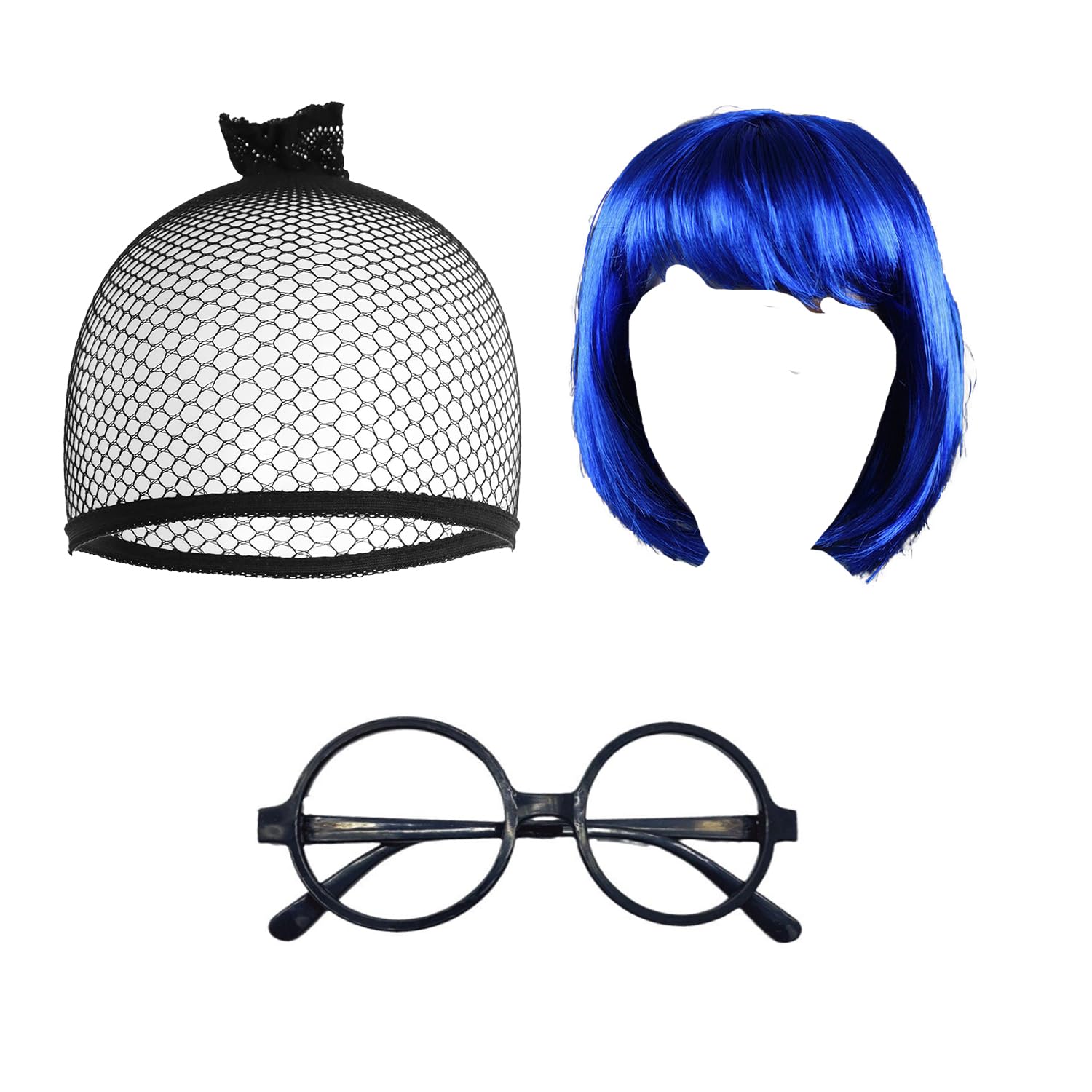 DVOFU 3Pieces Sad Emotional Character Costume Set Blue Bob Wig Black Glasses Hairnet Movie Character Accessories for Adult Party Supplies Cartoon Role Play Character