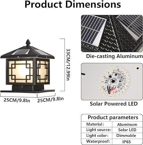 Miniatura 9 de SLAWA Linterna de iluminación solar de 9.8 pulgadas para exteriores con lámpara de columna LED alimentada por energía solar, lámpara de pilar