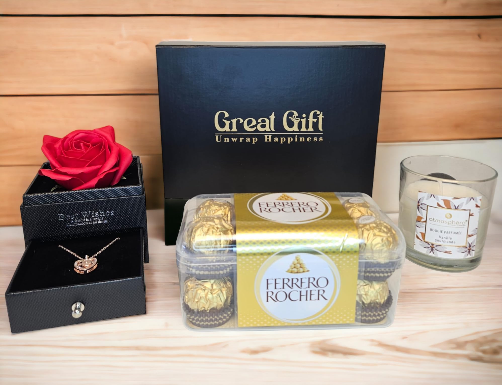 Coffret cadeau pour elle avec collier de coeurs en 100 langues I Love You - In Luxury Gift Box with Eternal Rose - Coffret cadeau pour elle avec chocolat