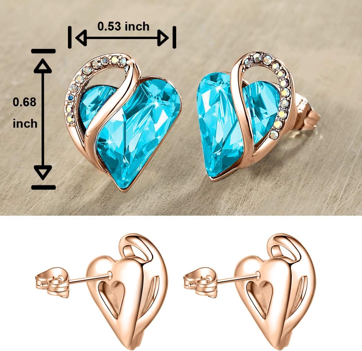 Leafael 18K Rose Gold Plated Love Heart Stud Earrings with Healing Stone Crystal Jewelry Gifts for Women - Image 2