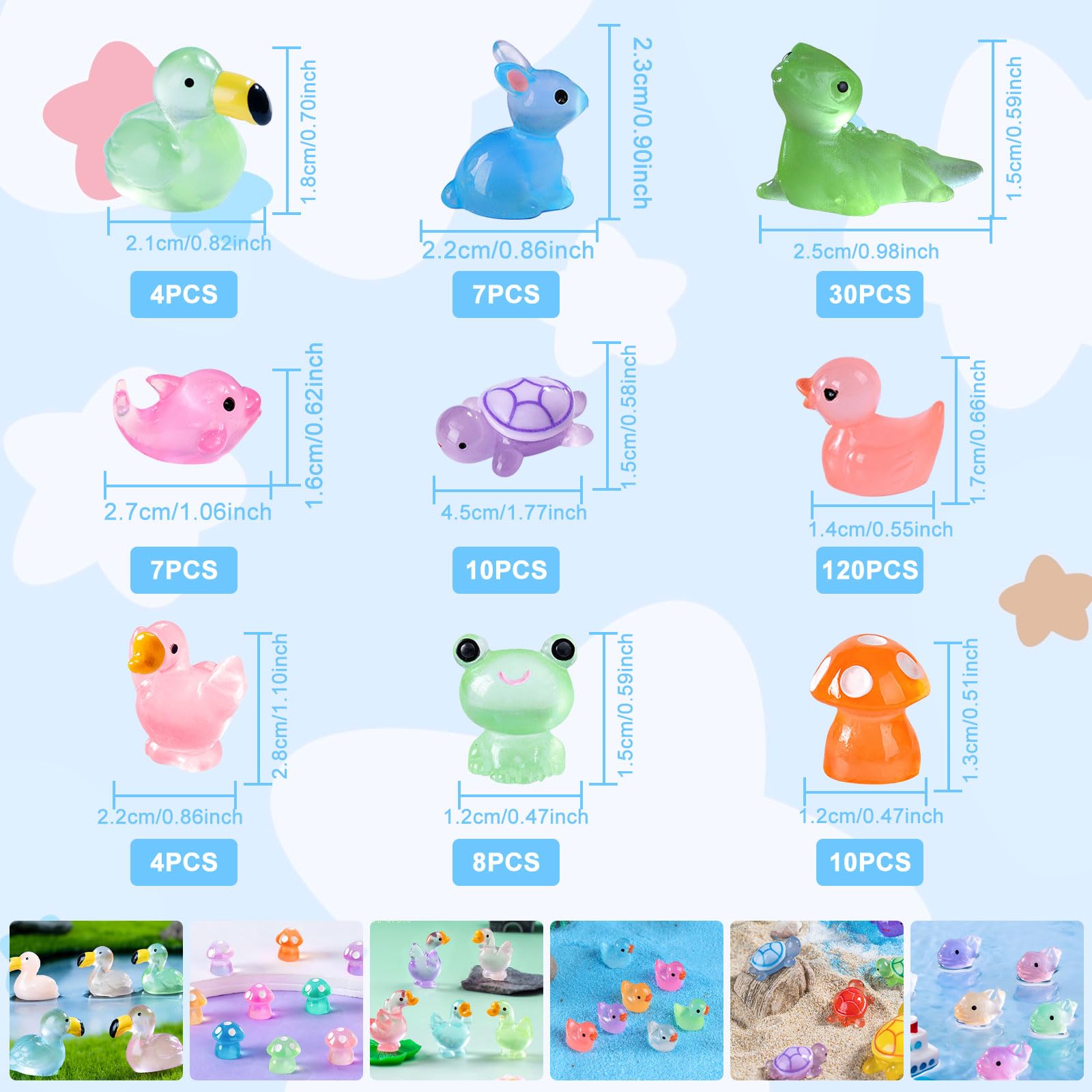 200 Pcs Luminous Mini Resin Ducks Lizards Tiny Frog Flamingo Glow in The Dark Resin Animals Mushroom Rabbit Aquarium Landscape Bonsai for Micro Dollhouse Decorations DIY Hide Seek