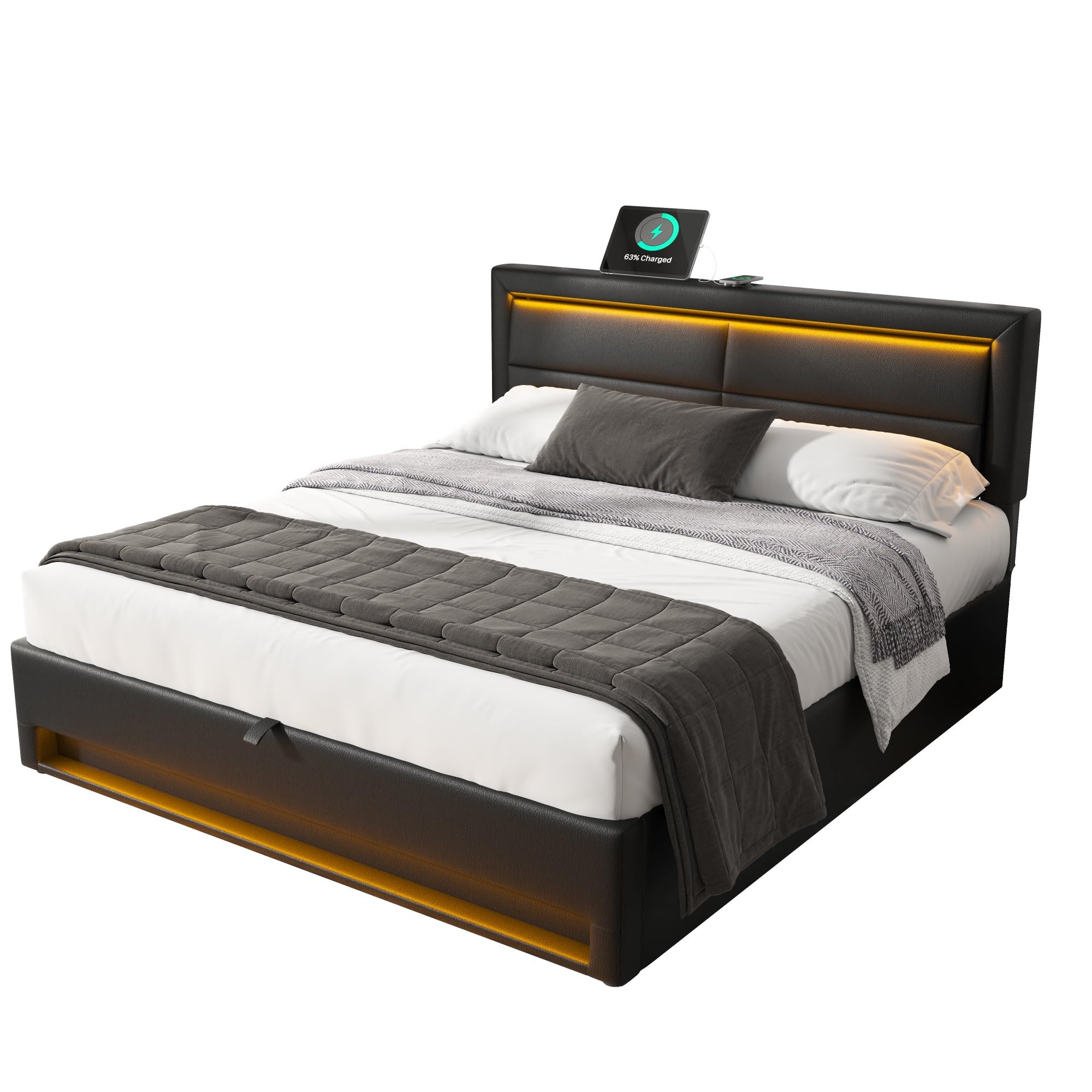 Lit rembourré 140 x 190 cm, Avec Espace de Rangement, sans matelas, PU-Lychee Design, Noir