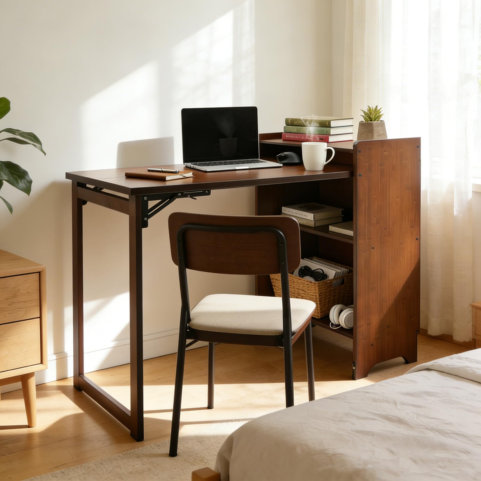 Scrivania pieghevole compatta in bambù con libreria, tavolo da scrittura convertibile per casa, ufficio, soggiorno e camera da letto, versatile armadio portaoggetti e postazione di lavoro per computer