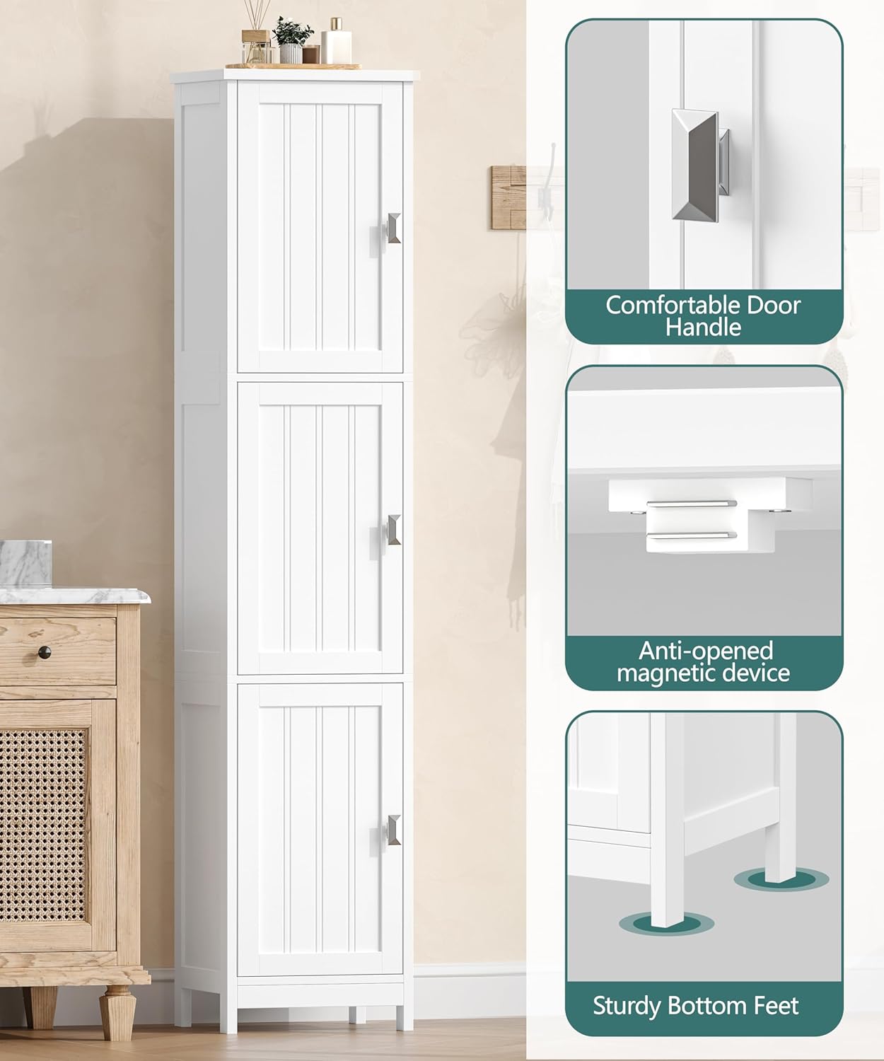 Tall Narrow Bathroom Storage Cabinet, 3-Tier Slim Storage Cabinet with Adjustable Shelves and 3 Doors, Linen Cabinet for Bathrooms, Living Room, Laundry Room, Kitchen, White