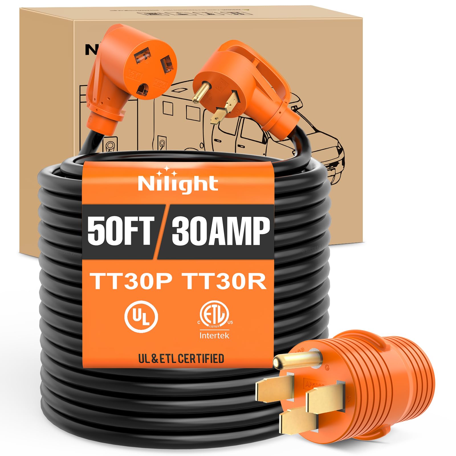 Nilight 50FT 30 Amp RV Extension Cord with Adapter 10/3 Gauge TT-30P