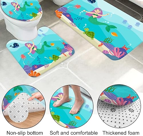 Miniatura 6 de Lnond Juego de 4 cortinas de ducha para niños, juego de baño de sirena azul para decoración de baño con cortina de ducha, alfombras de baño