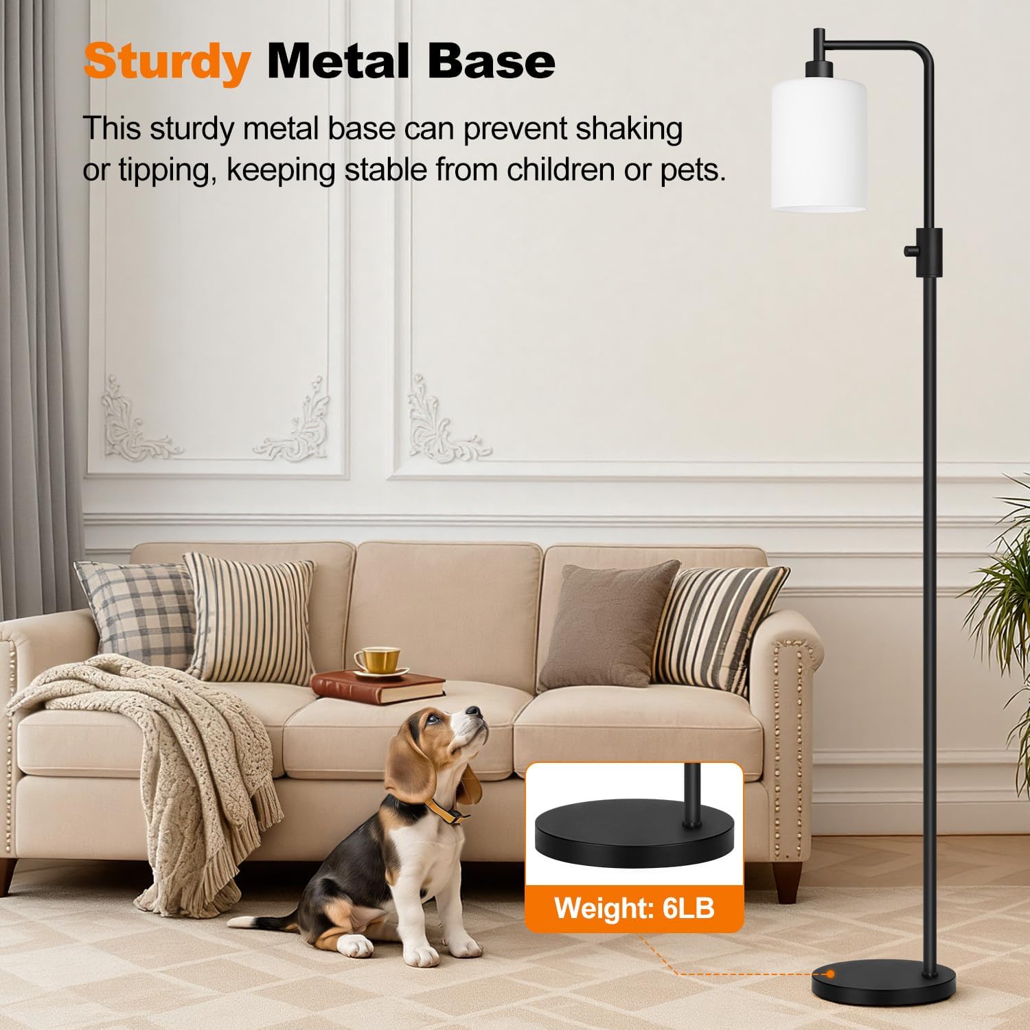 【Upgraded】Dimmable Floor Lamp for Living Room with Frosted White Glass Shade, Modern Industrial Floor Lamp with 900LM Bulb Included, Standing Tall Lamp for Bedroom, Office, Reading Room, Corner, Black thumbnail