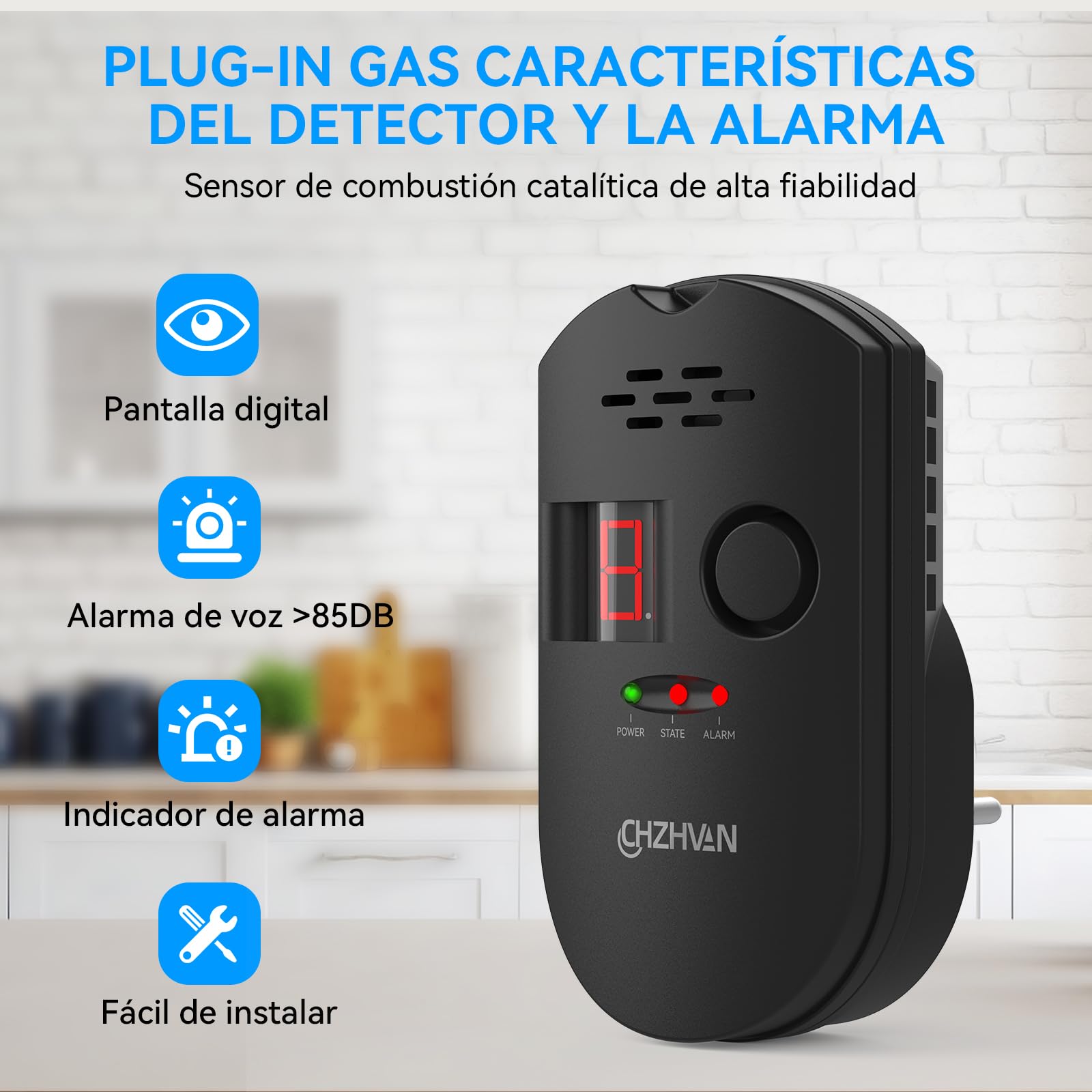 Sensor Enchufable para Detector de Gas/Gas Natural/GLP Carbono con Alarma Sonora, Pantalla Digital LED, y Monitoreo para Metano, Propano, Butano Gases Combustibles