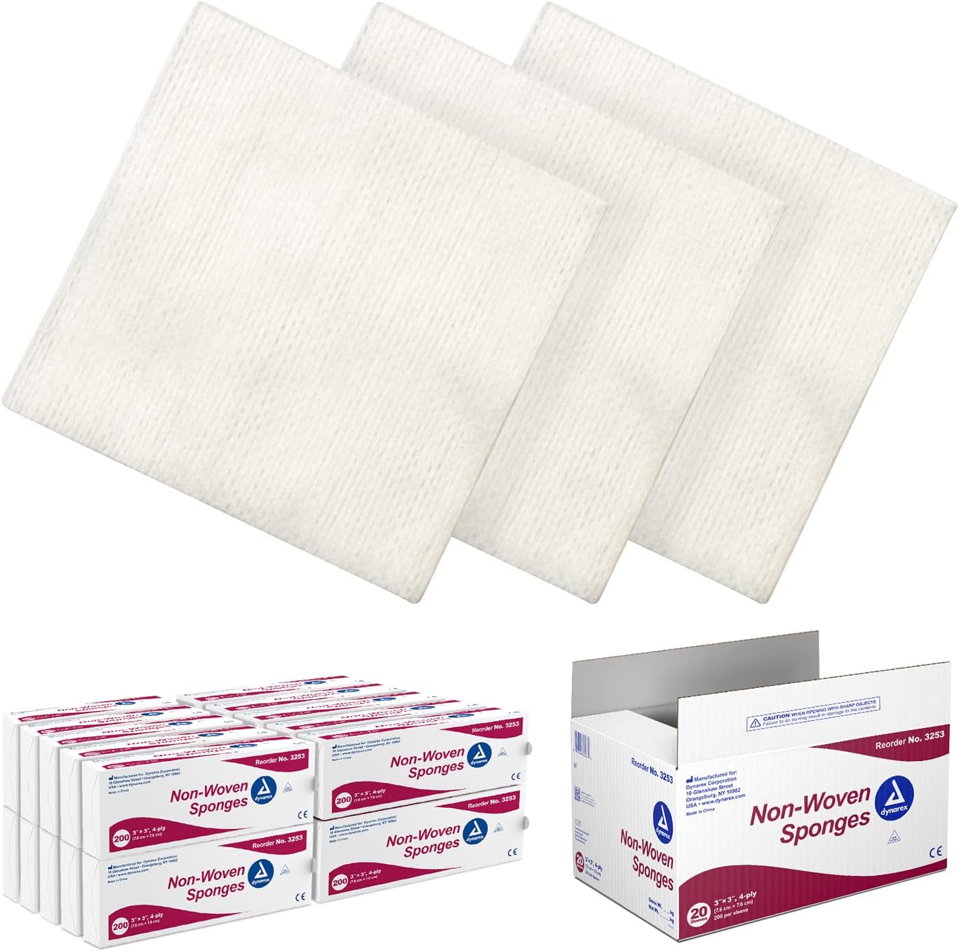 Dynarex Non-Woven Sponges, Non-Sterile, Gauze Sponges, Highly-Absorbent and with Less Linting, 3"x 3", 4 Ply, 1 Case of 4000 (20 Boxes of 200)