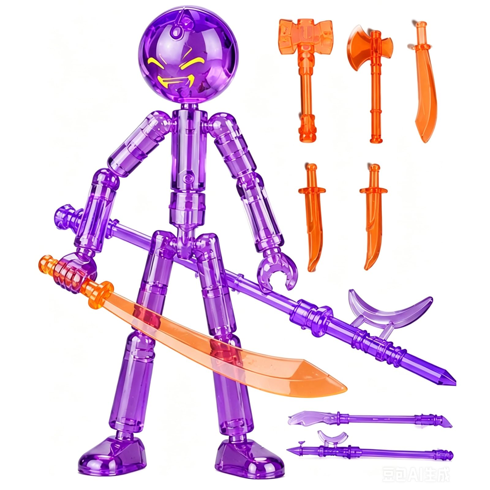 Stickman Action Figures with 7 Weapons, Creative Stick Man with Multi-Jointed Mobility, Assembleable Stickman Toys for Desktop Decoration, Novelty Action Man for Boys Girls & Hobbyists (Purple)