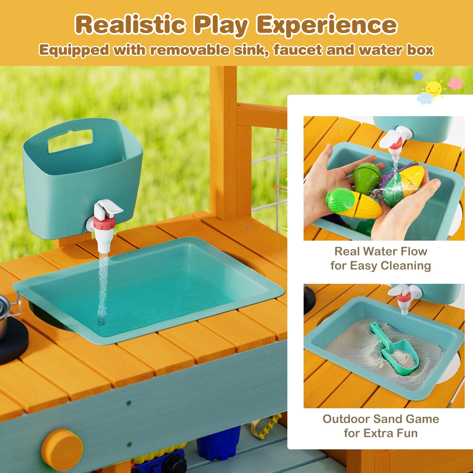 HOMASIS Matschküche Kinder Outdoor, Kinderküche mit Wassertank Spülen Herd, Holz Gartenküche mit Pflanzkasten, Rankgitter & Zubehör, Spielküche mit Haken & Regal, für ab 3 Jahren (Gelb+Hellgrün)
