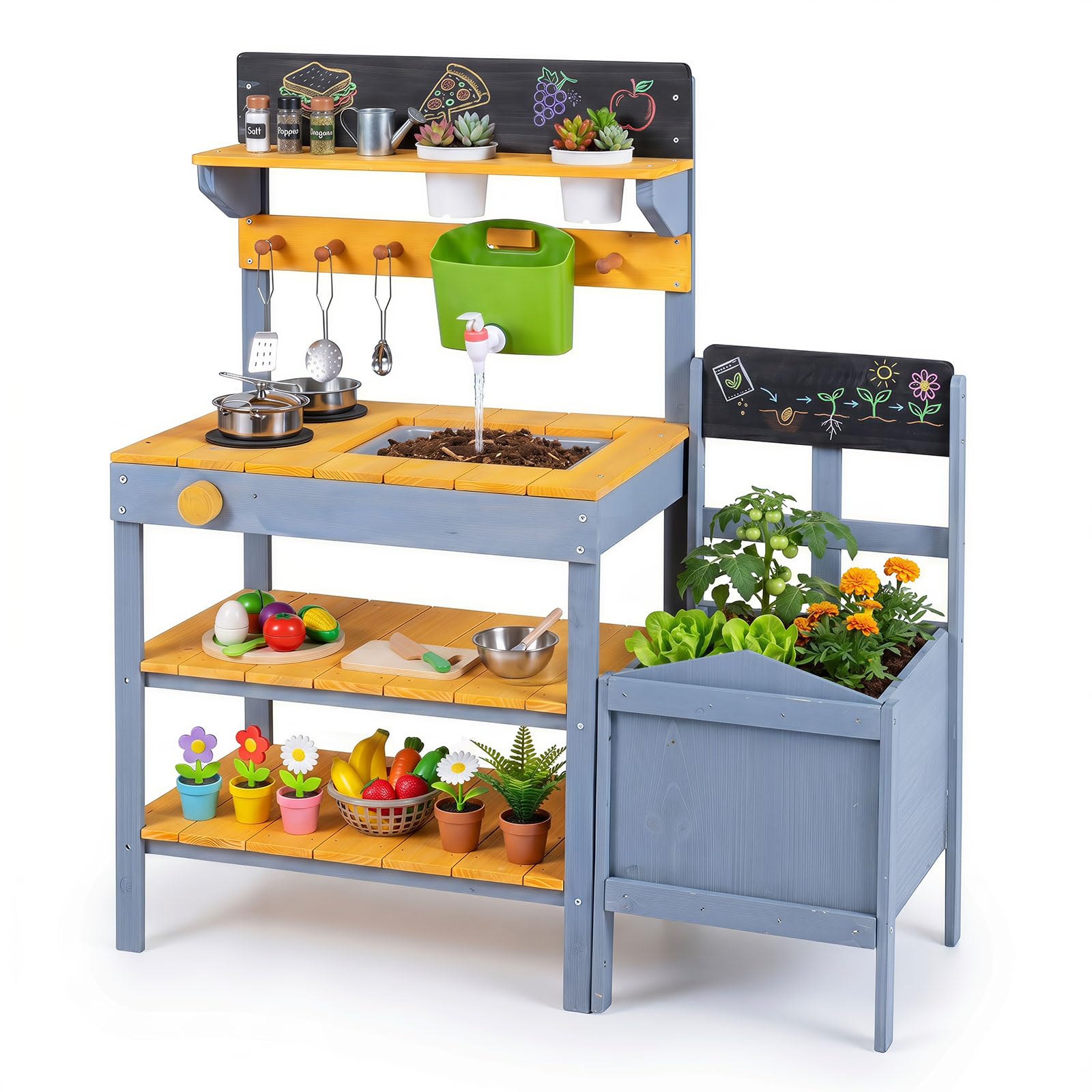 COSTWAY Cocina de Barro Exterior para Niños, Cocinita de Madera Infantil | con Jardinería, Estantes, Pizarras, Fregadero, Depósito de Agua, Macetas, Sartén, Juego de Rol para 3+ Años