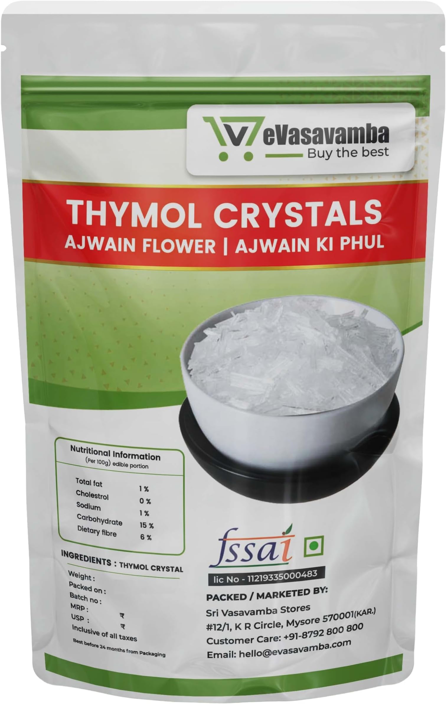 Premium Thymol & Menthol Crystals | 100% Pure & Natural | Ajwain Flower (Thymus Vulgaris) & Mint (Pudina Ka Phool) | Vamu Puvvu | Joni Guti Yamani Ajamo | A++ Grade (Thymol Crystals - 50g)