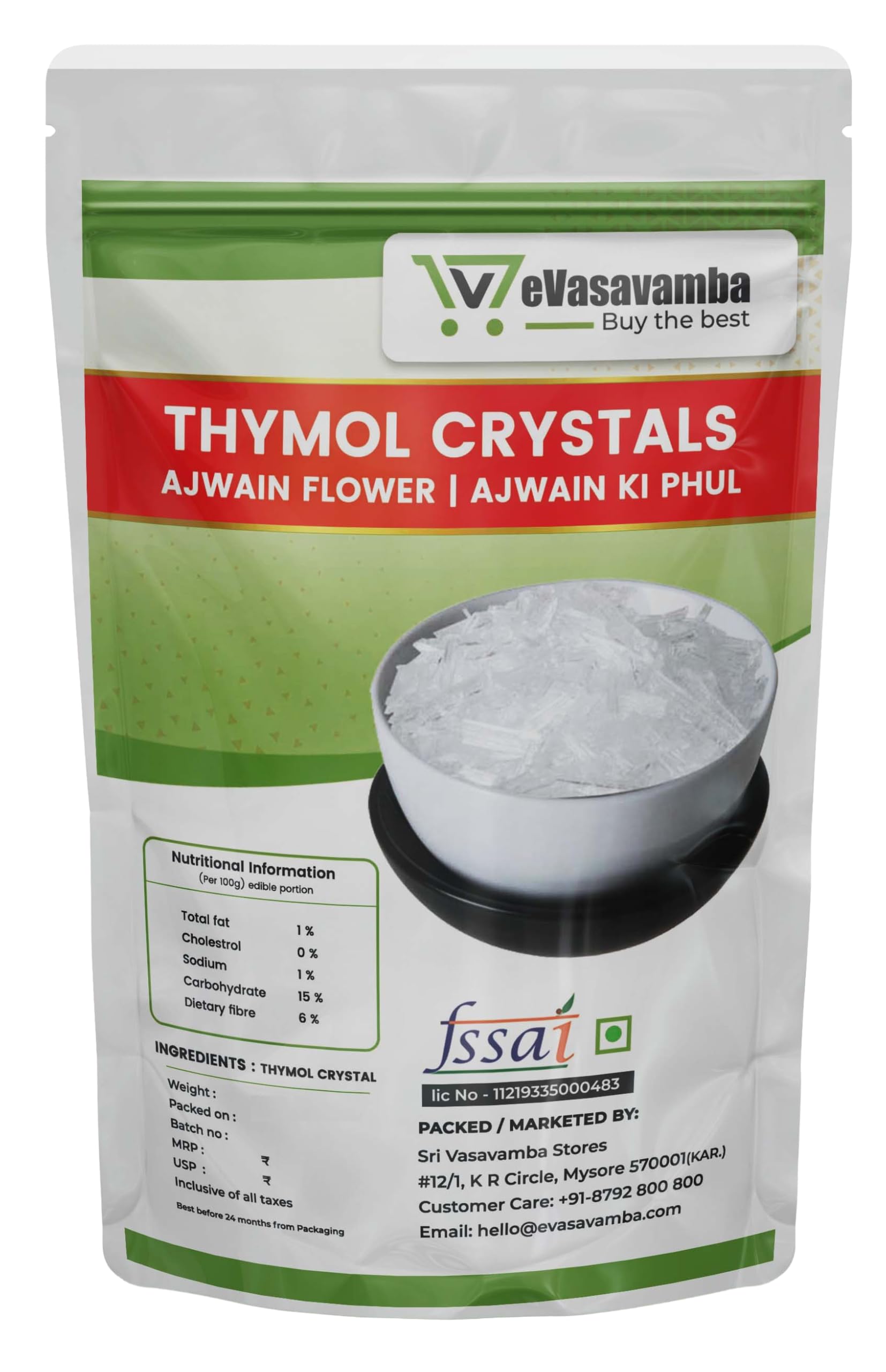 eVasavamba Premium Thymol & Menthol Crystals | 100% Pure & Natural | Ajwain Flower (Thymus Vulgaris) & Mint (Pudina Ka Phool) | Vamu Puvvu | Joni Guti Yamani Ajamo | A++ Grade (Thymol Crystals - 100g)