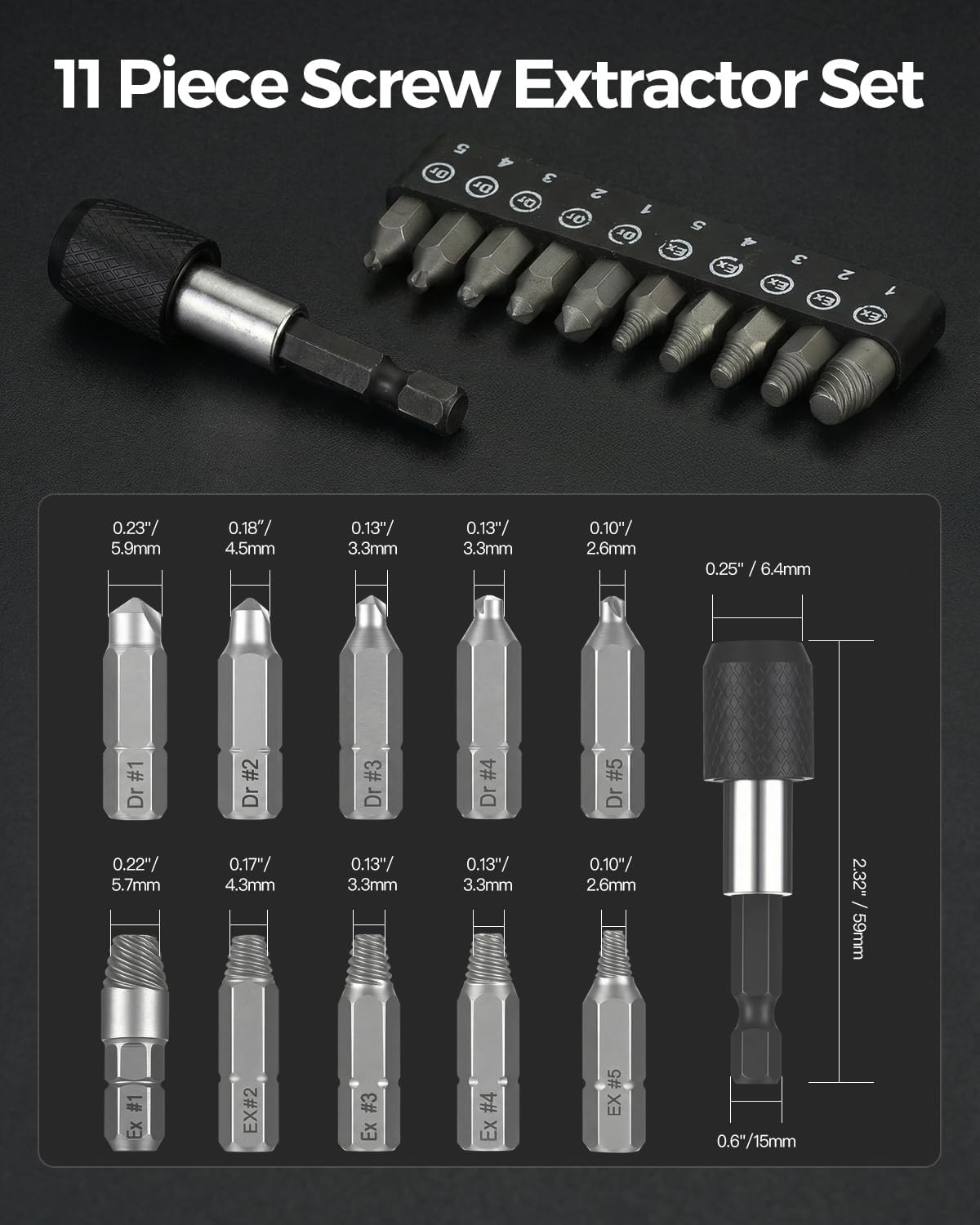 11 PCS Screw Extractor Set with Self-Locking Extension Rod | Fix Stripped & Damaged Screws Fast | All-in-One Tool Kit for DIY & Professionals