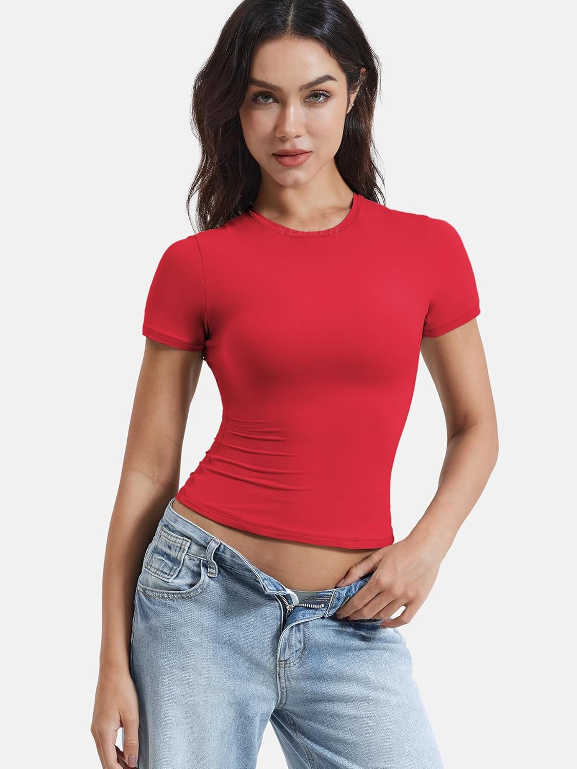 YEOREO Women Fitted Workout Tops Short Sleeve Double Lined Basic Y2K Going Out Crew Neck Compression Crop Top - Image 6