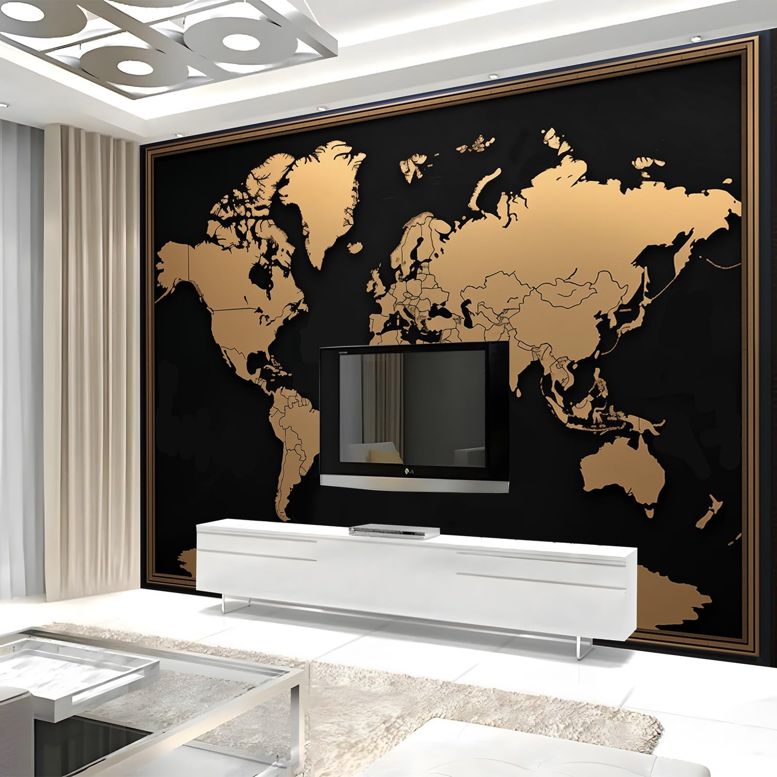 Papier Peint Intissé Photo Mural Carte du monde - Décoration Murale Toison pour Salon, Chambre à Coucher, Salle - Tableaux Tapisserie Photo - 300 x 210 cm Bordure noire