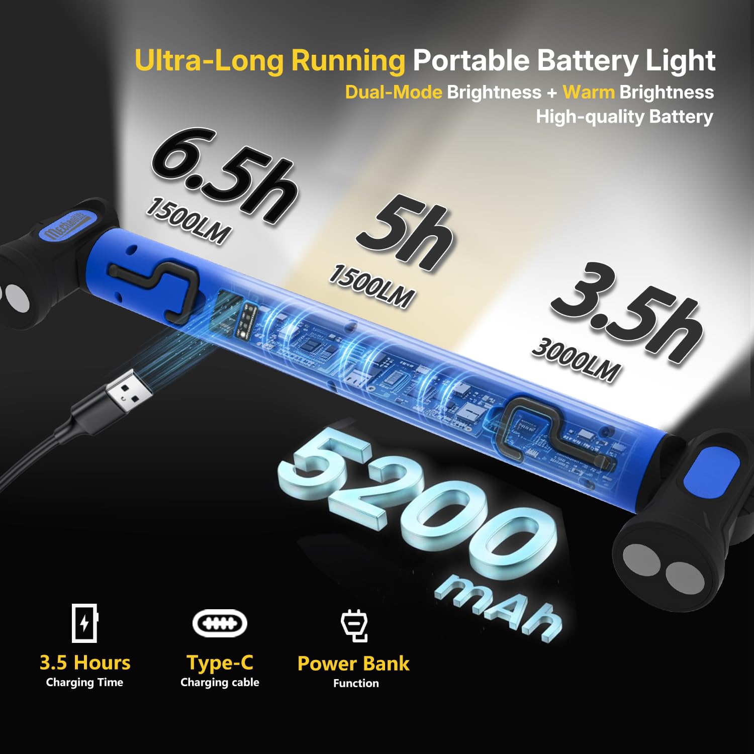 Barra de luz de trabajo debajo del capó, barra de luz magnética LED de 3000 lm con ganchos, luz de capó recargable inalámbrica de 5200 mAh para mecánico/reparación de automóviles/garaje