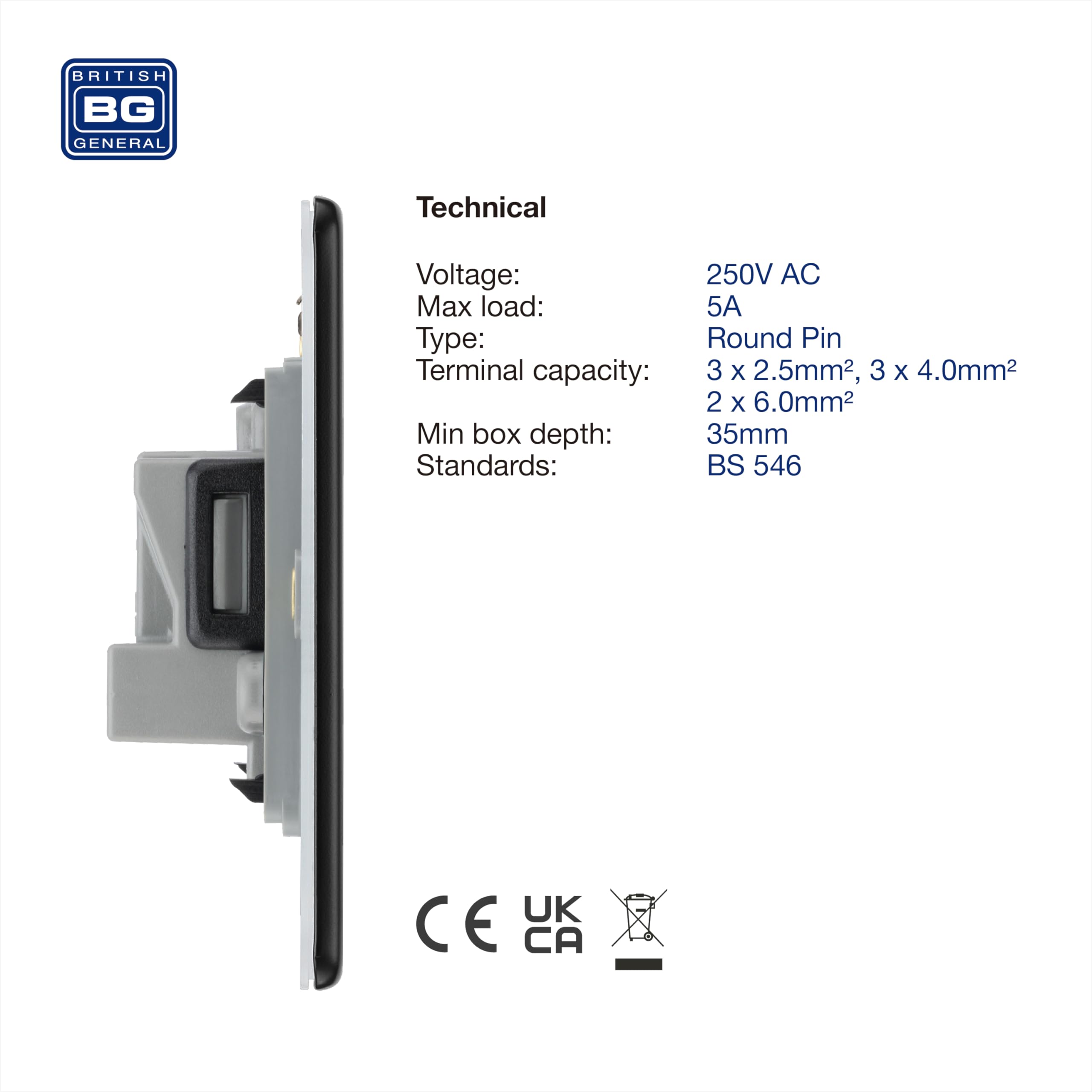 Screwless Flat Plate Matt Black Single Round Pin Unswitched 5A Socket (Black Insert) - Image 4