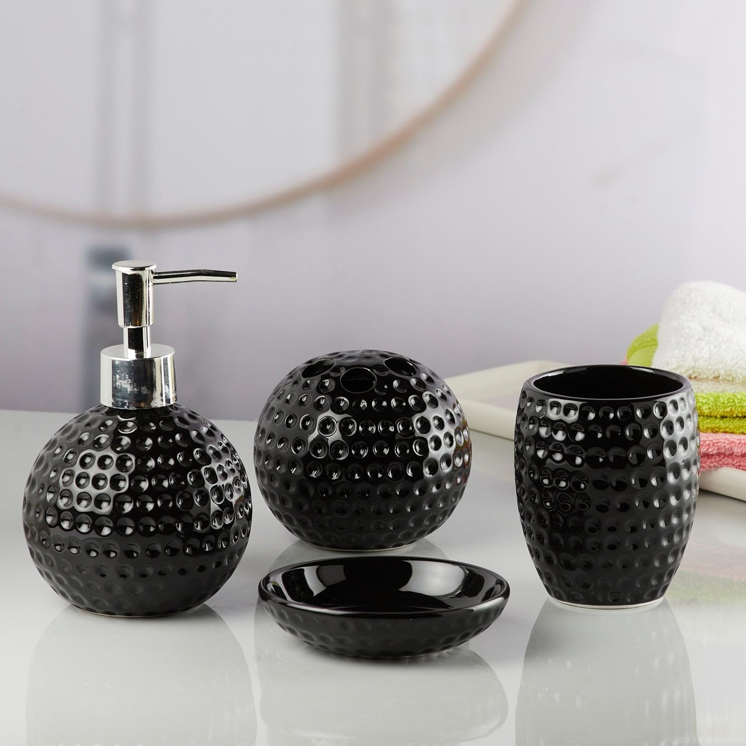 SaSaSa Ceramic Bathroom Accessories Set of 4 Modern Bath Set with Soap Dispenser & Toothbrush Holder, Luxury Home & Gift Idea, Black (10240)