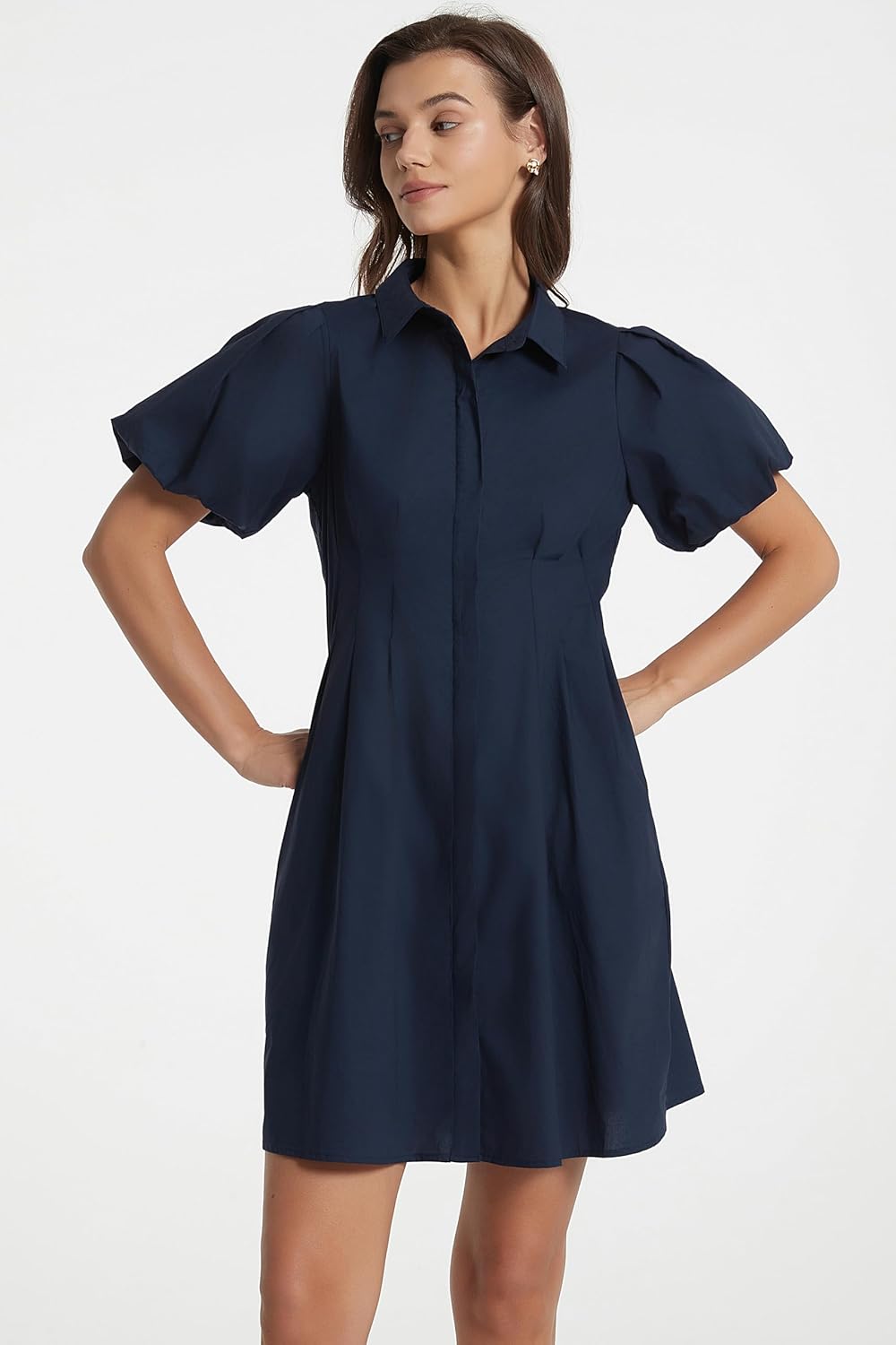 D-Sun Women's Short Puff Sleeve Shirt Dress Button Down Pleated Mini Dress Casual Short Dresses - Image 5