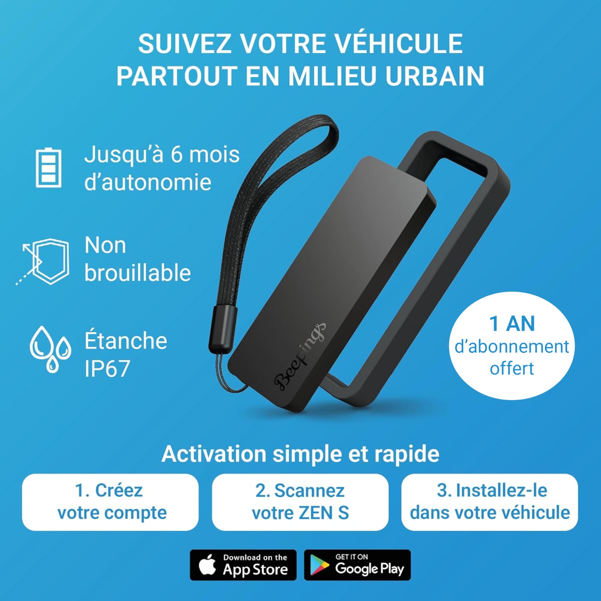 ZEN S by Beepings; GPS Tracker Auto, Moto, Scooter, Monopattino, Senza SIM (ZEN S Nero, Abbonamento di 1 anno)