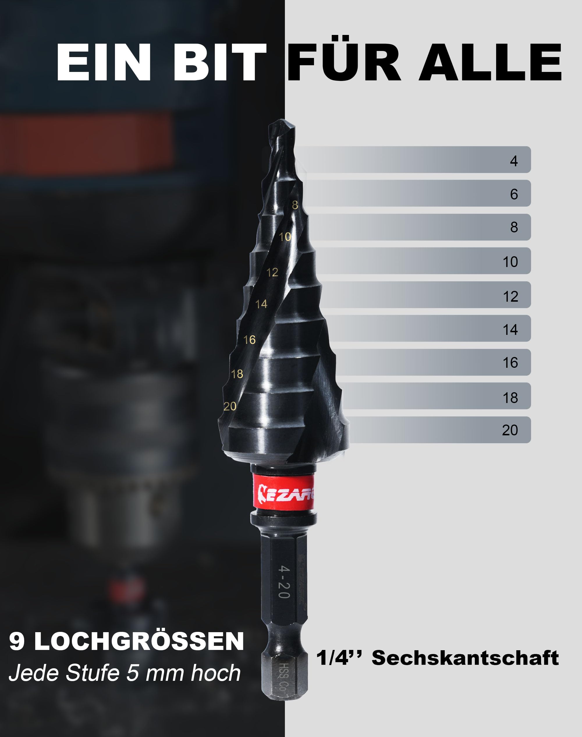EZARC Stufenbohrer Ø4-20mm HSS Kobalt Pro AlTiN Profi Kegelbohrer Schälbohrer für Metall, Edelstahl, Aluminium, Holz, Kunststoff, 9 Stufen Konusbohrer